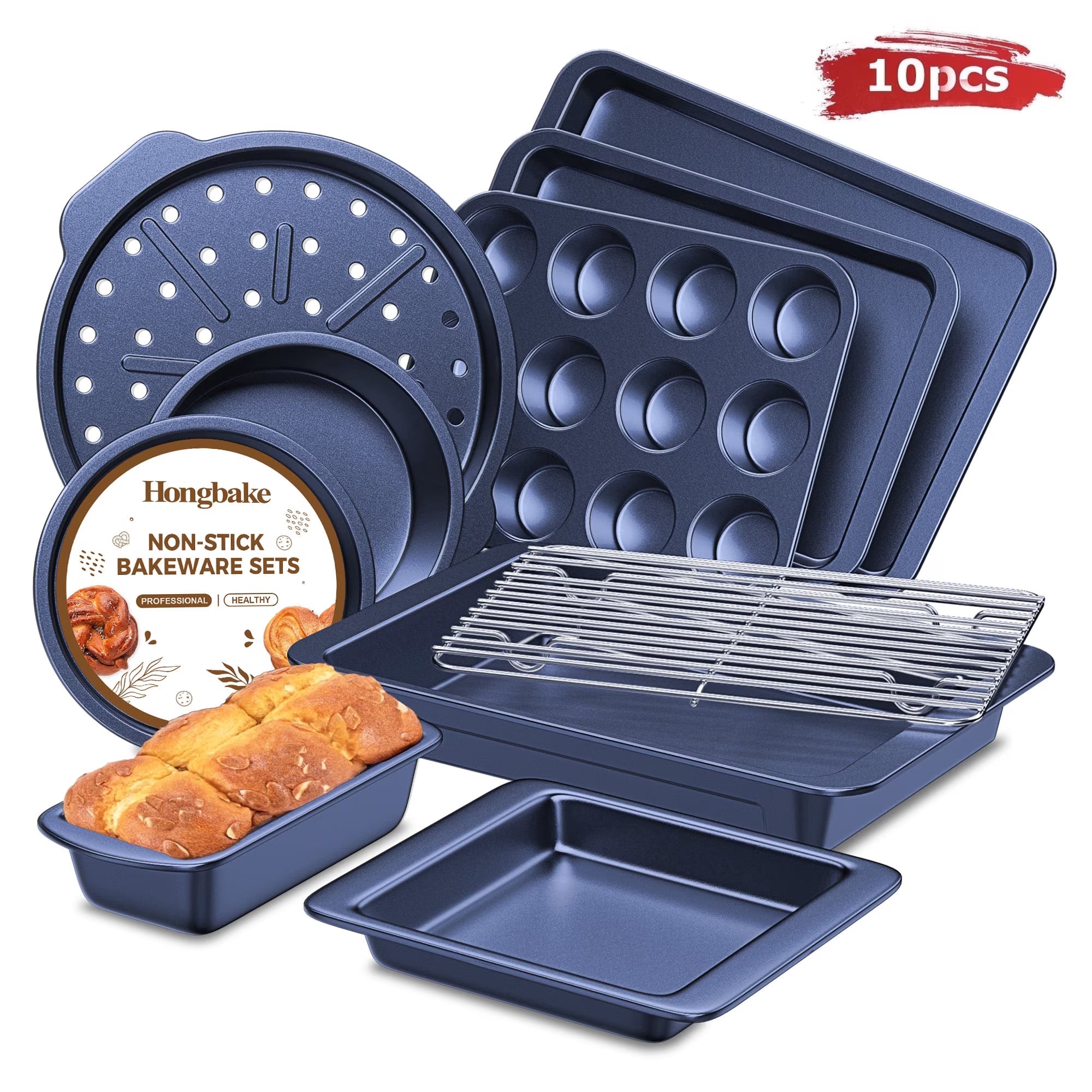 HONGBAKE 10-Piece Nonstick Carbon Steel Bakeware Set, Baking Pan Set with Baking Sheets, Cake Pans, Loaf Pan & Muffin Pan, Champagne Blue