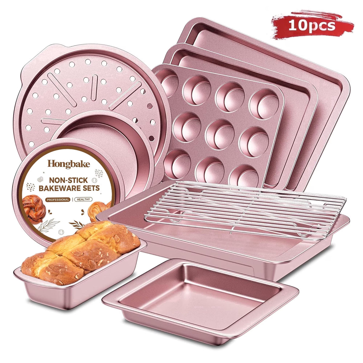 HONGBAKE 10-Piece Nonstick Carbon Steel Bakeware Set, Baking Pan Set with Baking Sheets, Cake Pans, Loaf Pan & Muffin Pan, Pink