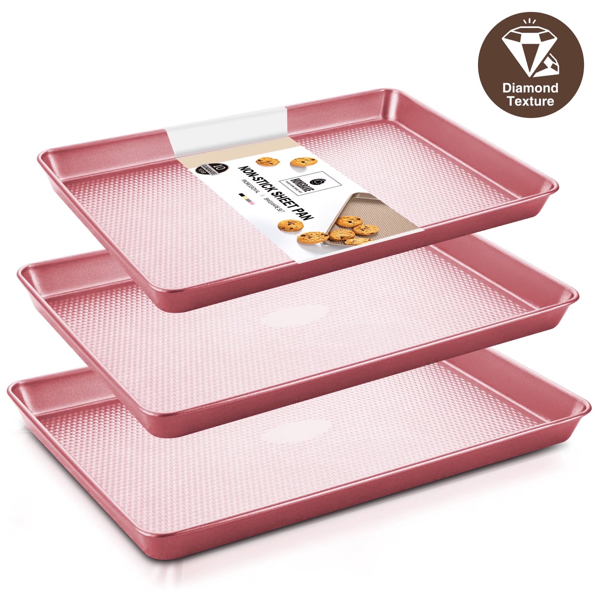 HONGBAKE Cookie Sheets Nonstick Sets, Baking Pan, Cookie Sheets for Baking with Diamond Texture Pattern, Heavy Duty Baking Sheet Pans for oven - Diamond Pink