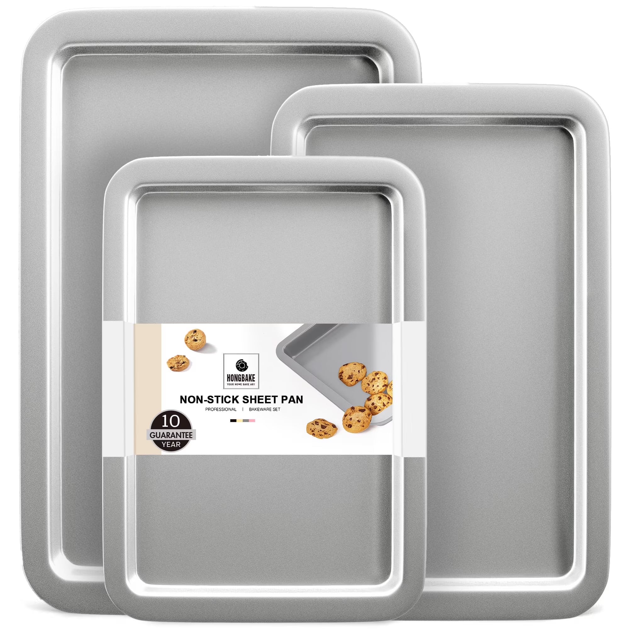 HONGBAKE Baking Sheet Pan, Cookie Sheet Pans for Baking, Cookie Sheets Nonstick Sets, Baking Trays for Oven, Baking Sheets for Oven with Wider Grips, Dishwasher Safe (3 Pack), Sliver
