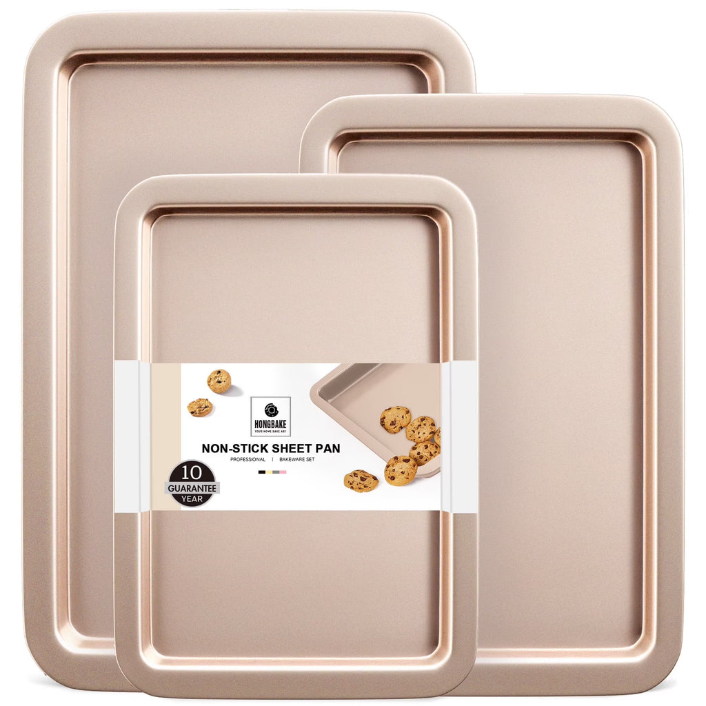 HONGBAKE Baking Sheet Pan, Cookie Sheet Pans for Baking, Cookie Sheets Nonstick Sets, Baking Trays for Oven, Baking Sheets for Oven with Wider Grips, Dishwasher Safe (3 Pack), Gold
