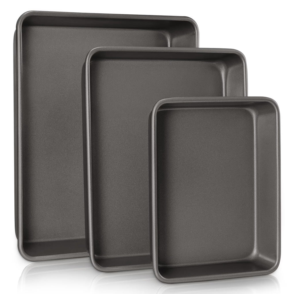 HONGBAKE Deep Baking Pans Set of 3, Nonstick Rectangle Sheet Cake Pans, 13/11/9 Inch Metal Oven Tray for Cooking Lasagna Brownie, Stackable Multi-Depth Bakeware, Black