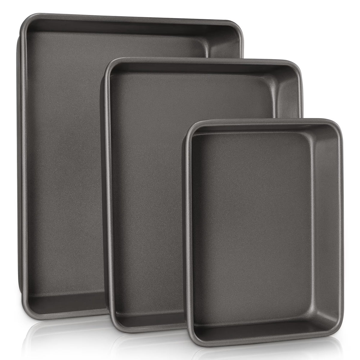 HONGBAKE Deep Baking Pans Set of 3, Nonstick Rectangle Sheet Cake Pans, 13/11/9 Inch Metal Oven Tray for Cooking Lasagna Brownie, Stackable Multi-Depth Bakeware, Black