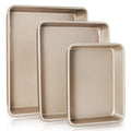 HONGBAKE Deep Baking Pans Set of 3, Nonstick Rectangle Sheet Cake Pans, 13/11/9 Inch Metal Oven Tray for Cooking Lasagna Brownie, Stackable Multi-Depth Bakeware, Golden