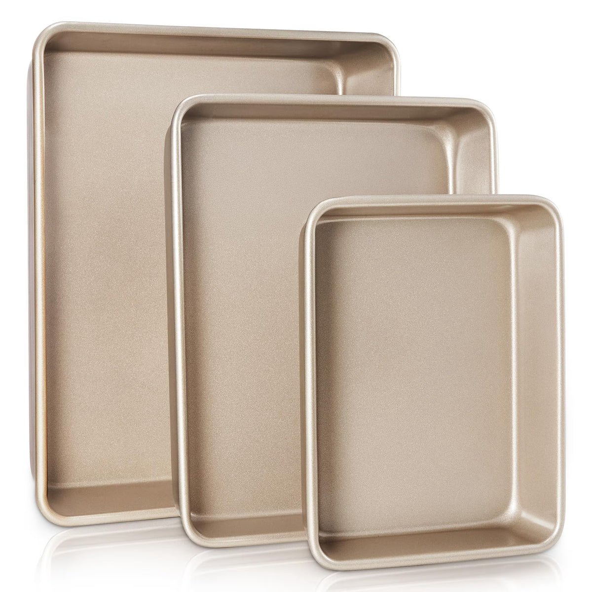 HONGBAKE Deep Baking Pans Set of 3, Nonstick Rectangle Sheet Cake Pans, 13/11/9 Inch Metal Oven Tray for Cooking Lasagna Brownie, Stackable Multi-Depth Bakeware, Golden