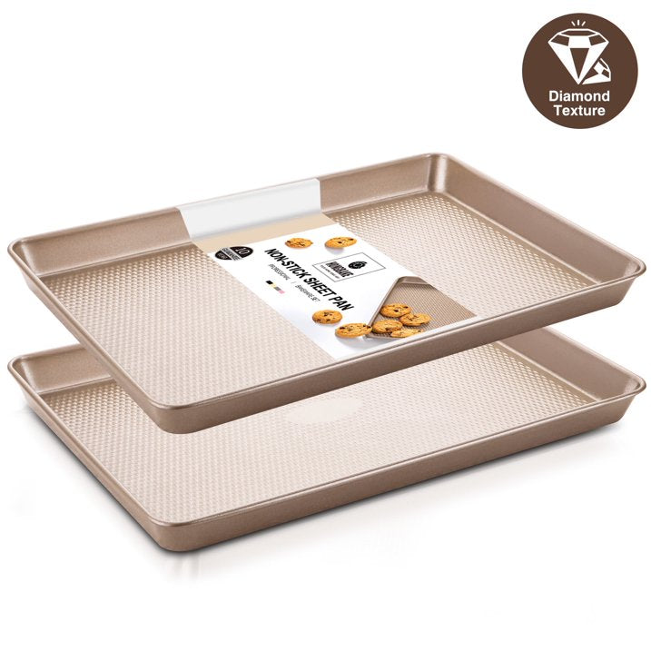 HONGBAKE Jelly Roll Pan 15x10 with Diamond Texture, 2 Pack Cookie Sheet for Baking, Non Stick Baking Sheet Pan for Oven, Heavy Duty Baking Trays Non Toxic, 57% Thicker Carbon Steel, Gold