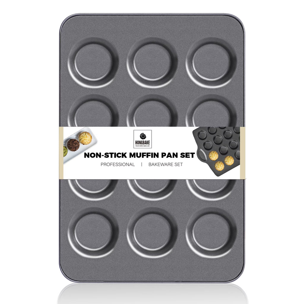 HONGBAKE Muffin Top Pan Nonstick, Non Toxic Mini Whoopie Pie Pan for Baking, 12 Cavity Heavy Duty Yorkshire Pudding Pan for Oven, Dishwasher Safe and Easy to Clean