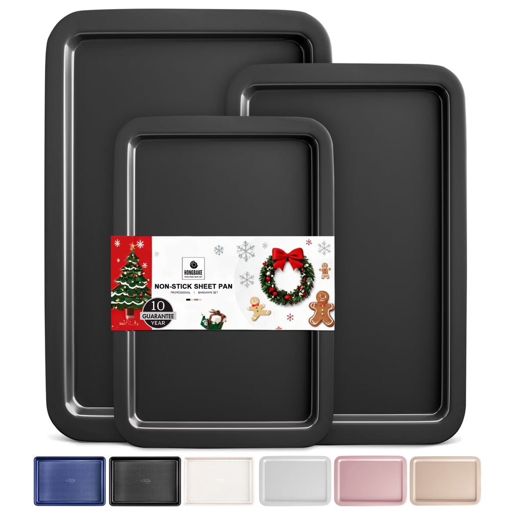 HONGBAKE Baking Sheet Pan, Cookie Sheet Pans for Baking, Cookie Sheets Nonstick Sets, Baking Trays for Oven, Baking Sheets for Oven with Wider Grips, Dishwasher Safe (3 Pack), Grey
