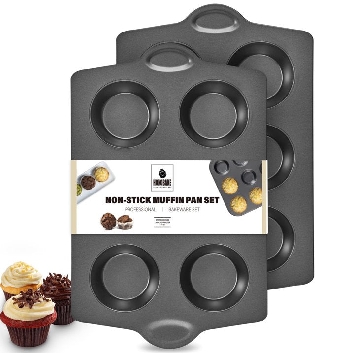 HONGBAKE 2 Pack Jumbo Muffin Pan Nonstick, 6 Cup Non Toxic Jumbo Cupcake Pan for Baking, 27% Thicker Carbon Steel Large Muffin Tin, 3.5dia, Dishwasher Safe