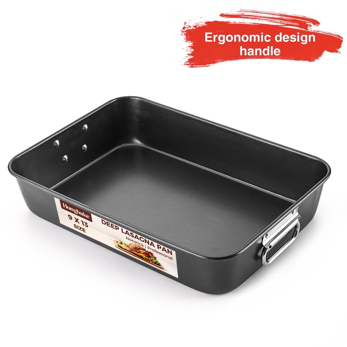 HONGBAKE Lasagna Pan, 9x13 Baking Pan, 3 Inch Deep Baking Pan for Oven, Nonstick Roasting Pan with Stainless Steel Handles, Dark Grey
