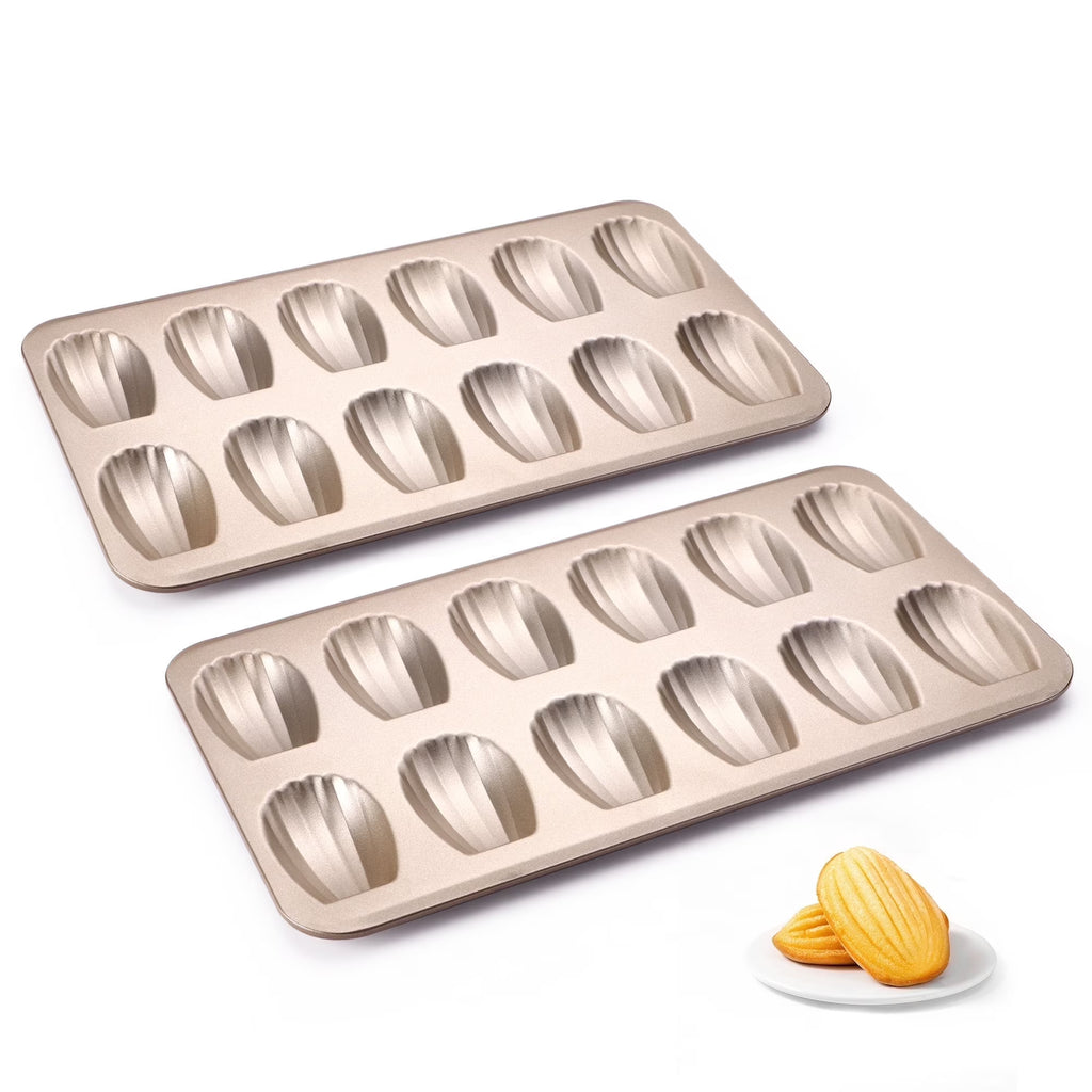 HONGBAKE Nonstick Madeleine Pan for Baking, 2 Pack 12-Cavity Shell Shape Madeleine Cooking Pan, Heavy Duty Carbon Steel Madeleine Mold, Champagne Gold