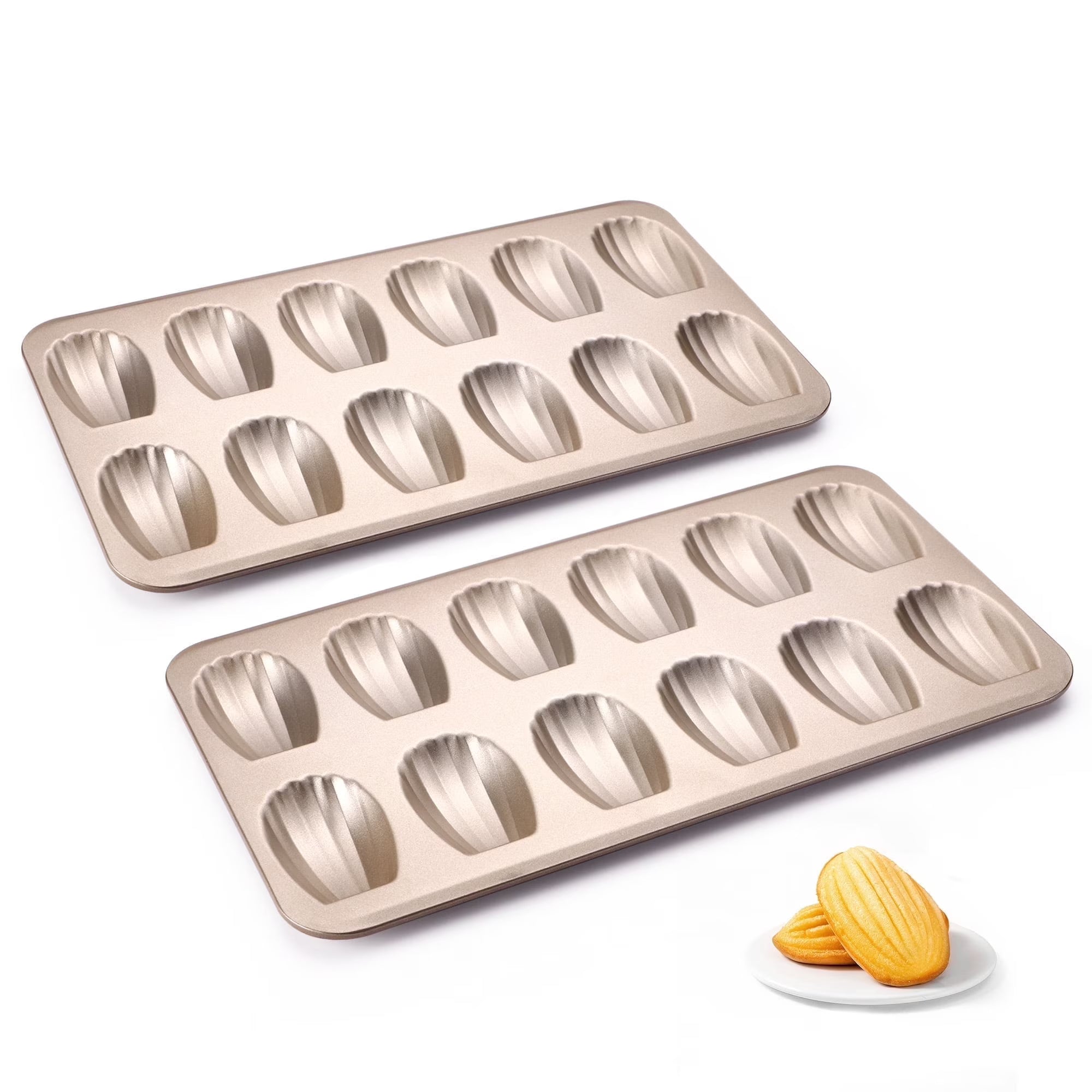 HONGBAKE Nonstick Madeleine Pan for Baking, 2 Pack 12-Cavity Shell Shape Madeleine Cooking Pan, Heavy Duty Carbon Steel Madeleine Mold, Champagne Gold