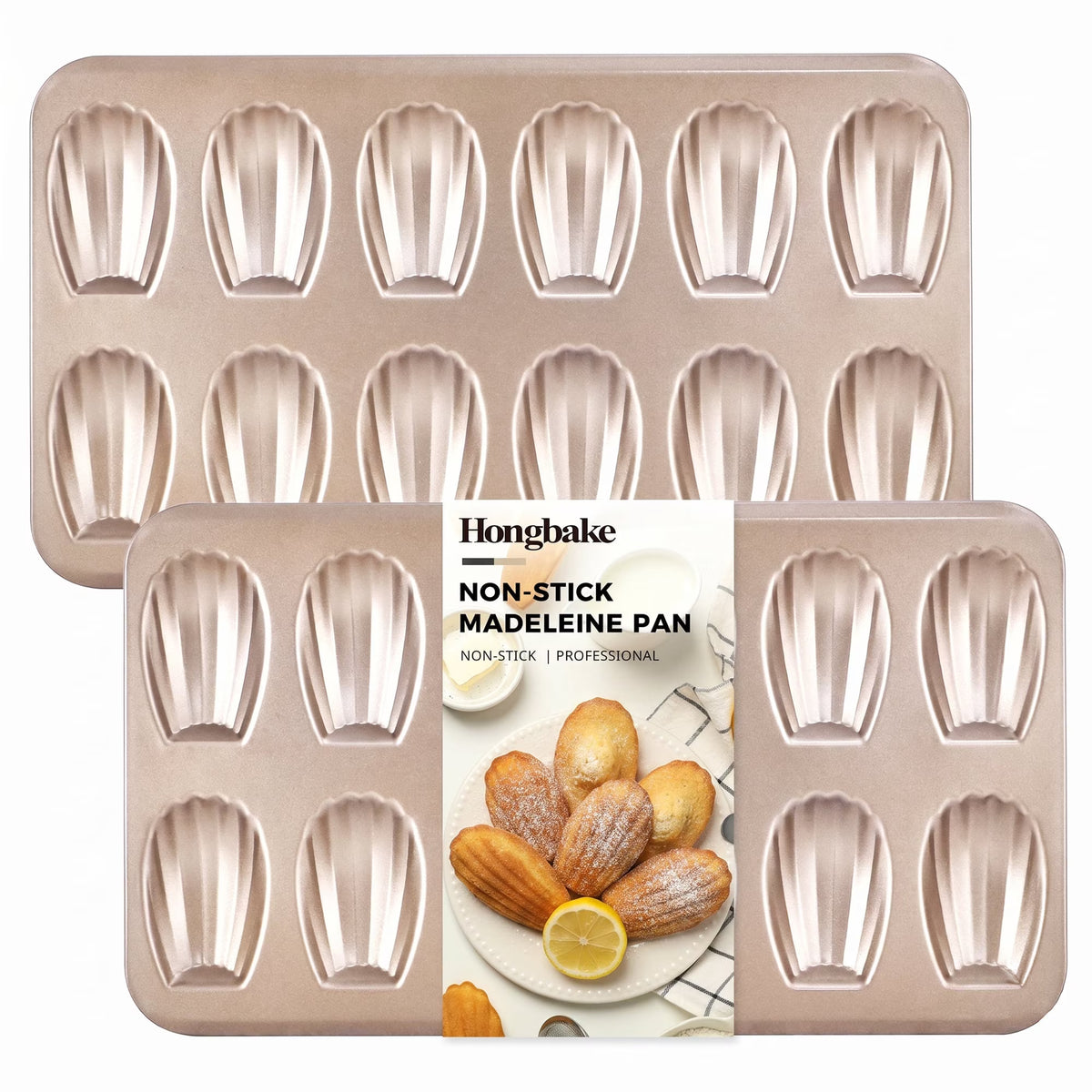 HONGBAKE Nonstick Madeleine Pan for Baking, 2 Pack 12-Cavity Shell Shape Madeleine Cooking Pan, Heavy Duty Carbon Steel Madeleine Mold, Champagne Gold