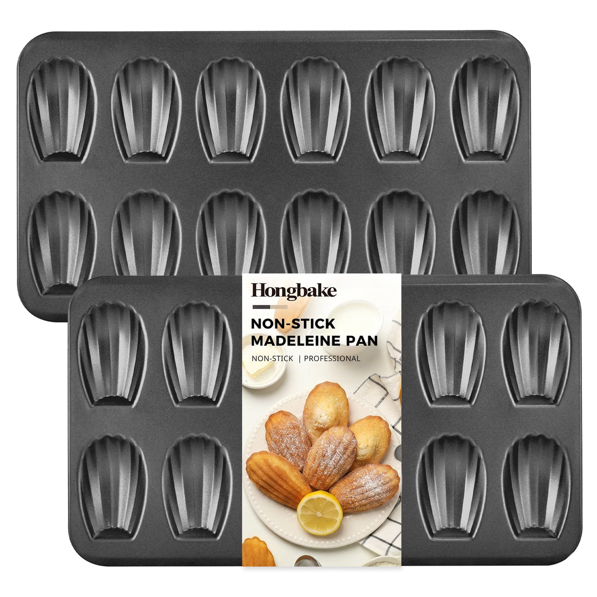 HONGBAKE Nonstick Madeleine Pan 2 Pack 12-Cavity Heavy Duty Madeleine Cookies Trays for Oven Baking, Cake Mold Warp Resistant Shell Shape Madeleine Mold Cake Pan, Space Grey