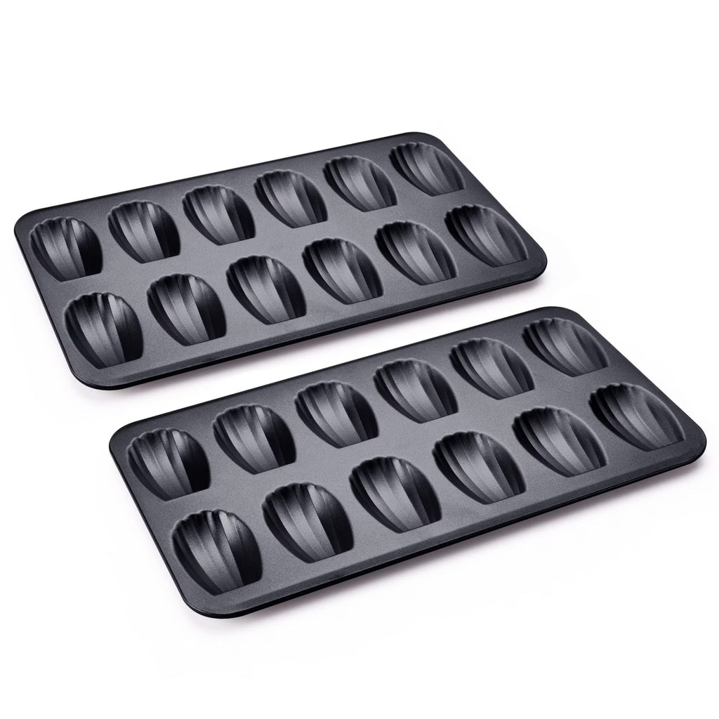 HONGBAKE Nonstick Madeleine Pan 2 Pack 12-Cavity Heavy Duty Madeleine Cookies Trays for Oven Baking, Cake Mold Warp Resistant Shell Shape Madeleine Mold Cake Pan, Space Grey
