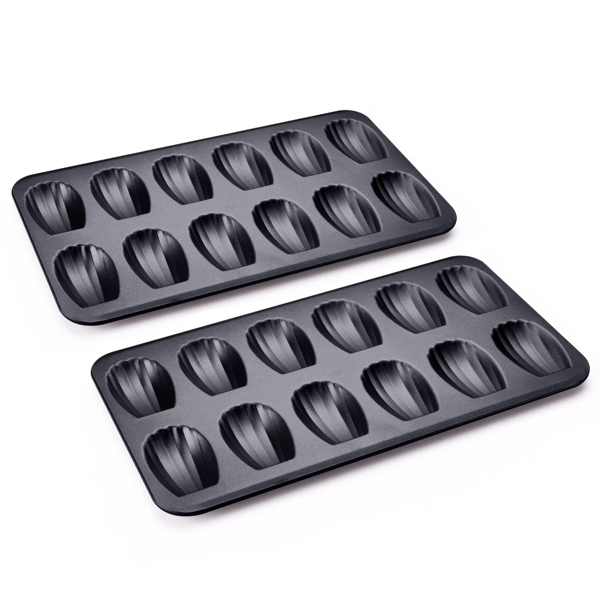 HONGBAKE Nonstick Madeleine Pan 2 Pack 12-Cavity Heavy Duty Madeleine Cookies Trays for Oven Baking, Cake Mold Warp Resistant Shell Shape Madeleine Mold Cake Pan, Space Grey