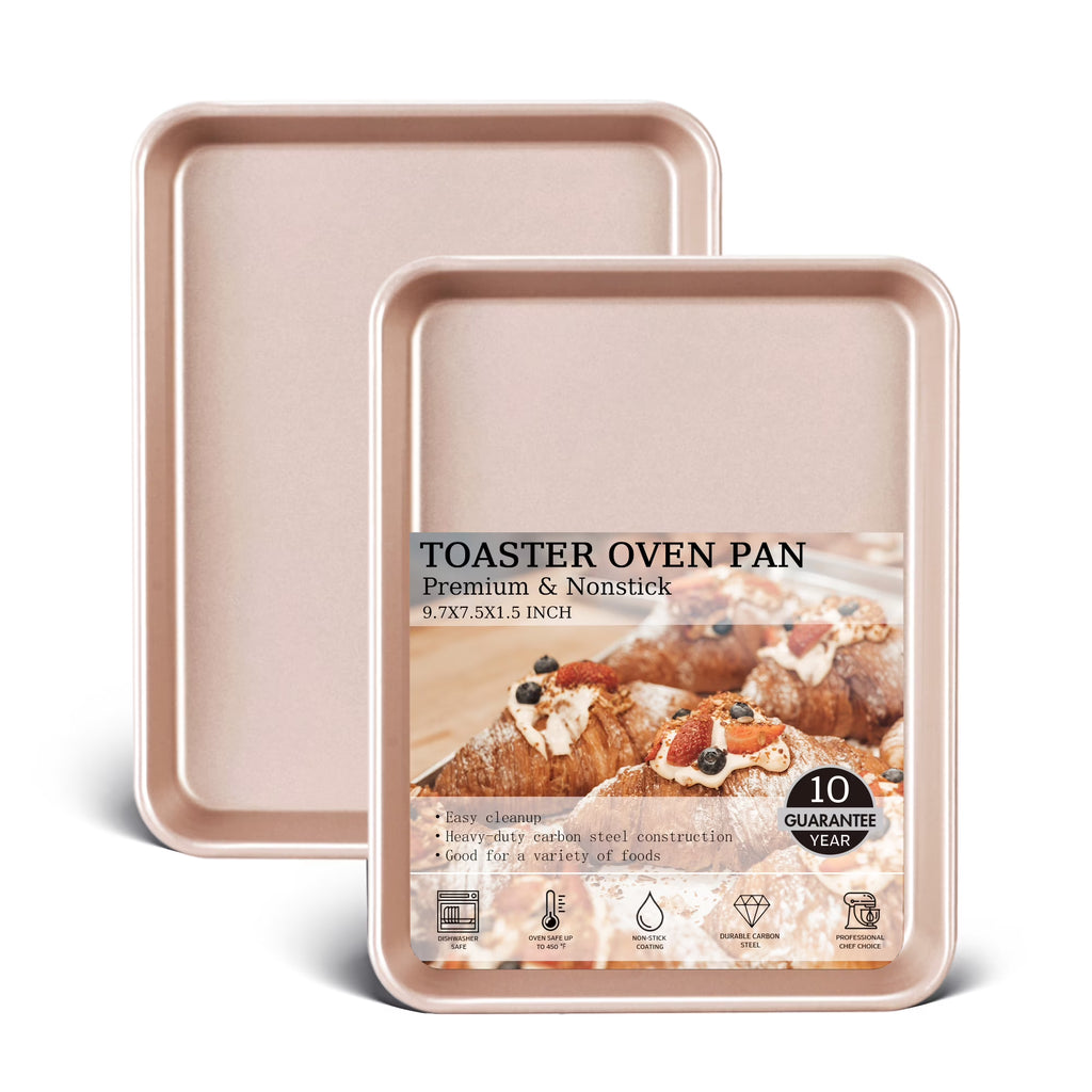 HONGBAKE 2 Pack 9.7"X7.6" Small Cookie Sheet, 57% Thicker Nonstick 1/8 Toaster Oven Pans, Heavy Duty Cookie Sheet Pan Set, Baking Sheet, Rose Gold