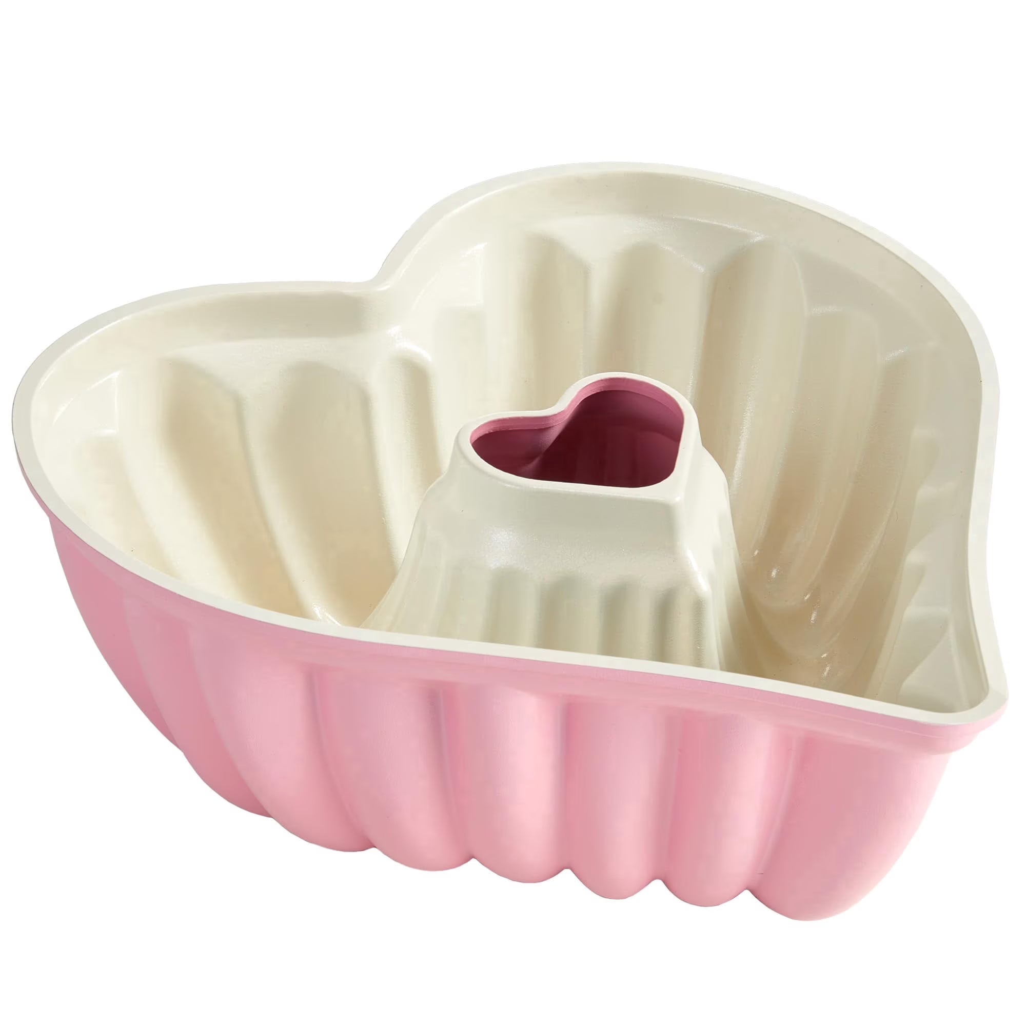 HONGBAKE Heart Shaped Cake Pan, Cast Aluminum Pound Cake Pan with Non-Toxic Ceramic Coating, Nonstick Fluted Cake Mold for Baking, Valentine's Day & Special Occasions,10-Inch, Pink