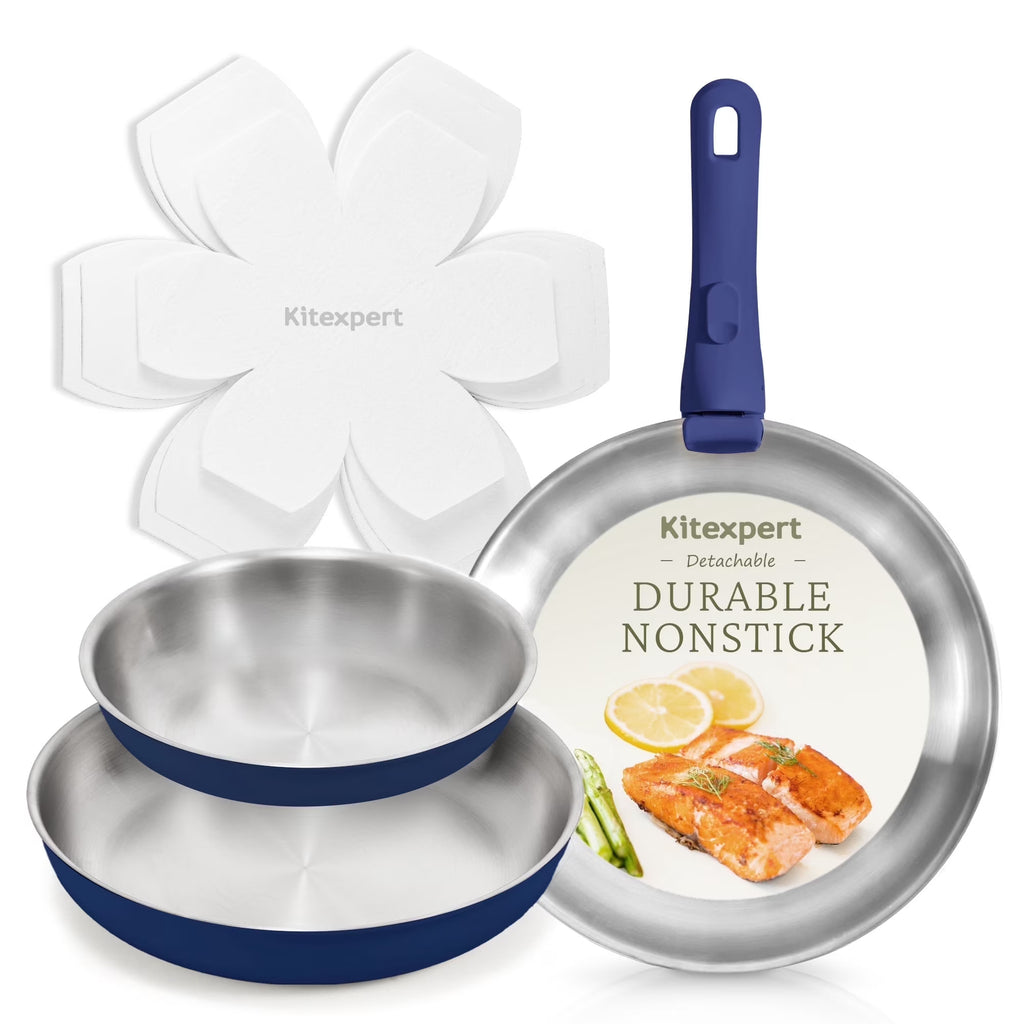 KITEXPERT Non Toxic Stainless Steel Frying Pan Set (8",10",12"), Tri-Ply Nonstick Skillet Pans with Removable Handles, Dishwasher & Oven Safe, All Stovetops Compatible, Blue