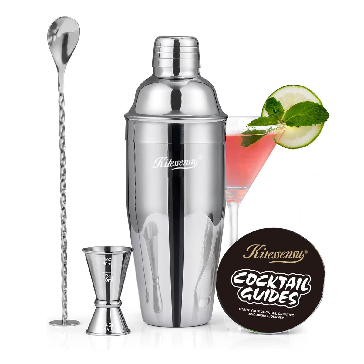 KITESSENSU Cocktail Shaker, Drink Shaker with Bartender Strainer, Measuring Jigger, Bar Mixing Spoon, Professional Drink Mixer Set for Beginners, Silver