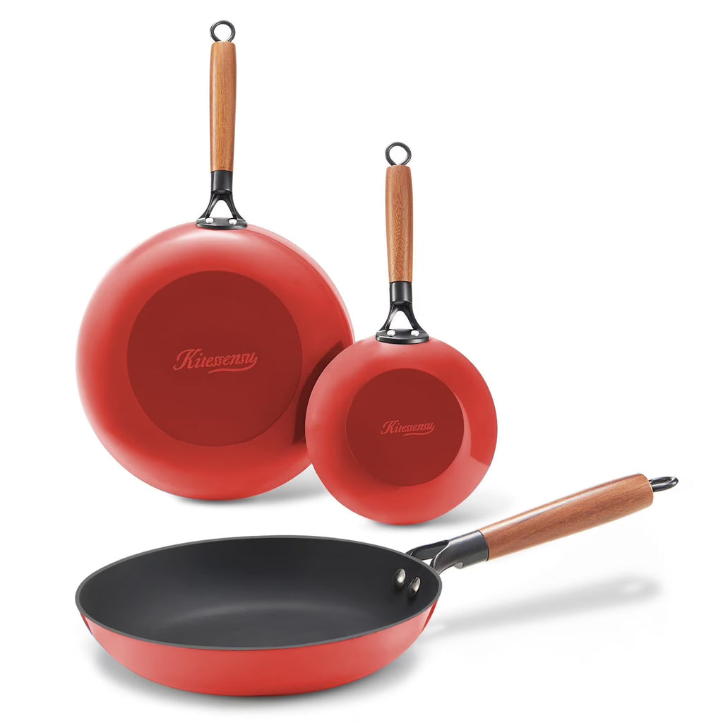 KITESSENSU Enameled Cast Iron Skillets, Non Stick Frying Pans Set with Durable Wooden Handle, 8&10&12 Inch Cast Iron Pans for Multi-Cooking, Pre Seasoned Cookware Set - Gradual Burgundy Red