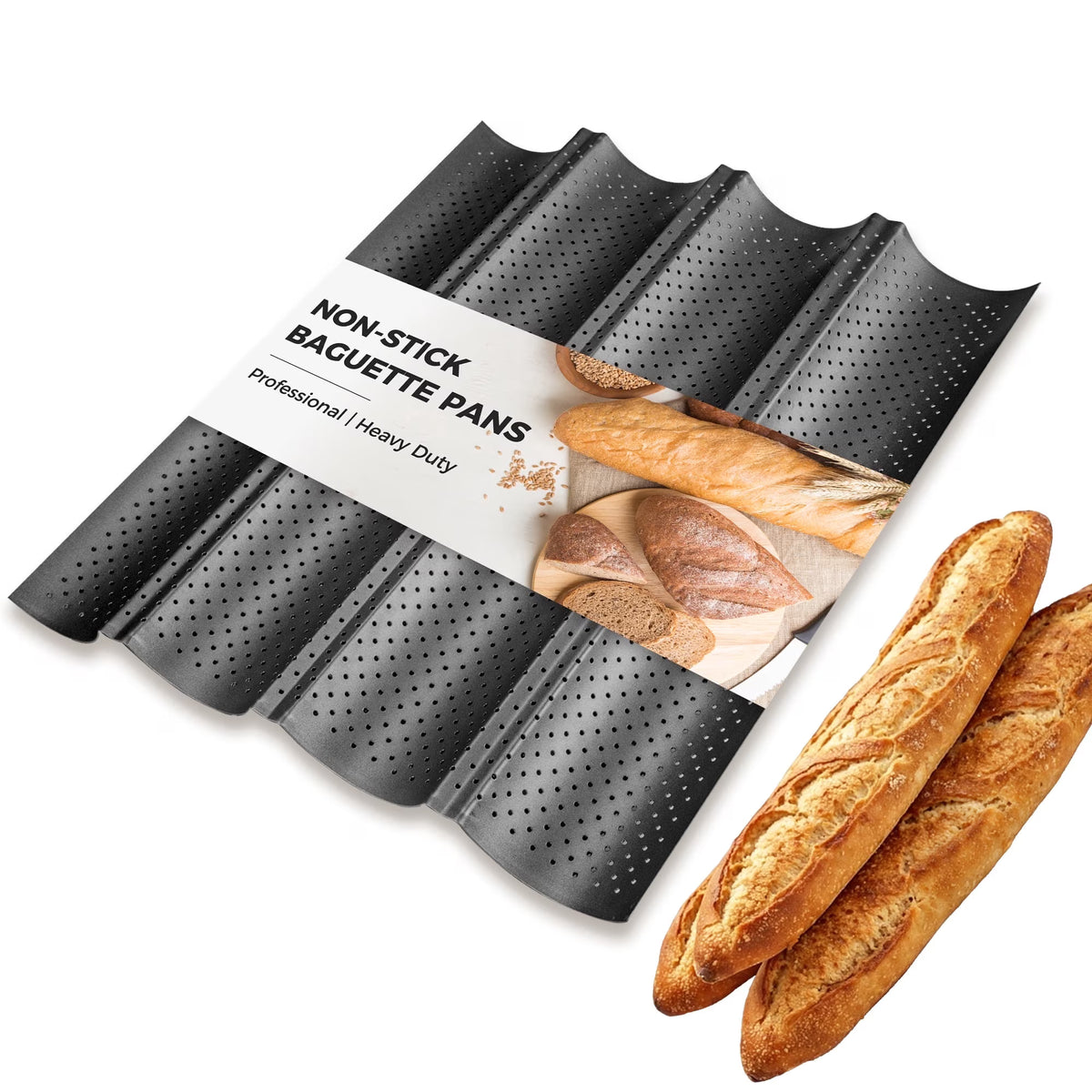KITESSENSU Nonstick Baguette Pans for Baking, Perforated 4 Loaves French Bread Pan, Heavy Duty Baguette Baking Pans, Non Toxic Stainless Steel Baguette Tray for Oven, 15" x 13", Black