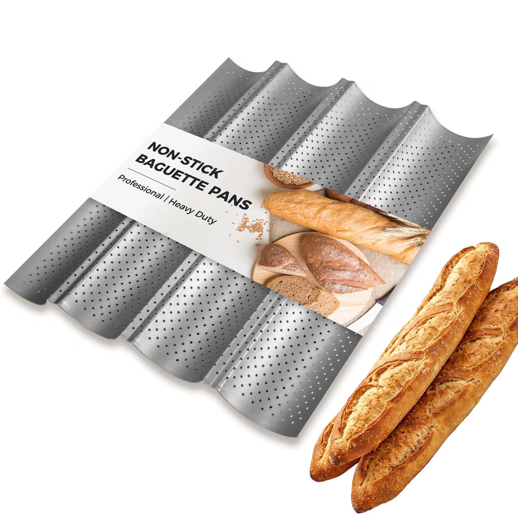 KITESSENSU Nonstick Baguette Pans for Baking, Perforated 4 Loaves French Bread Pan, Heavy Duty Baguette Baking Pans, Non Toxic Stainless Steel Baguette Tray for Oven, 15" x 13", Silver