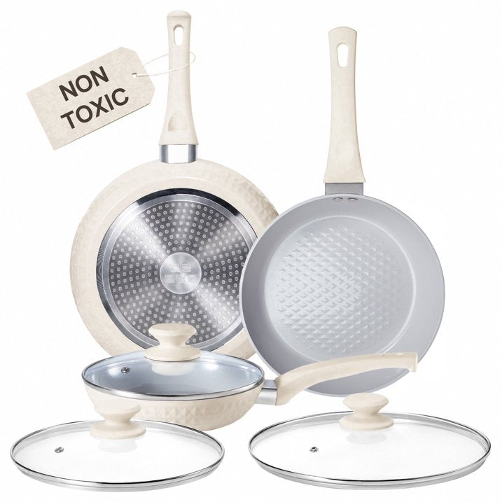 KITEXPERT Non Stick Frying Pan, 8" 9.5" 11" Ceramic Pan Set with Lid, Non Toxic Cooking Pan, Skillet for Induction Hob, Cream