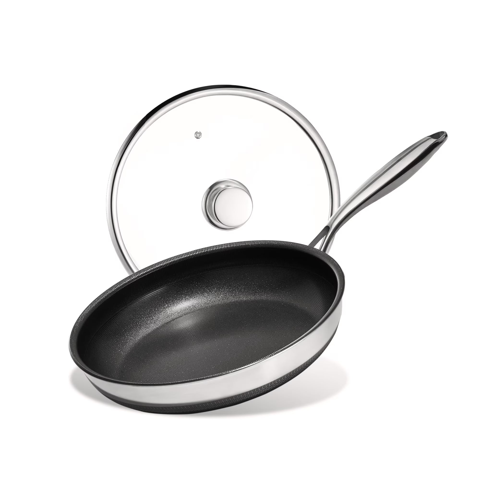 KITEXPERT Non Stick Frying Pans with Lid, 10" Titanium Ceramic Pan Nonstick Stainless Steel Skillet, Quick-Cool Handle, Dishwasher & Oven Safe, Compatible with All Cooktops