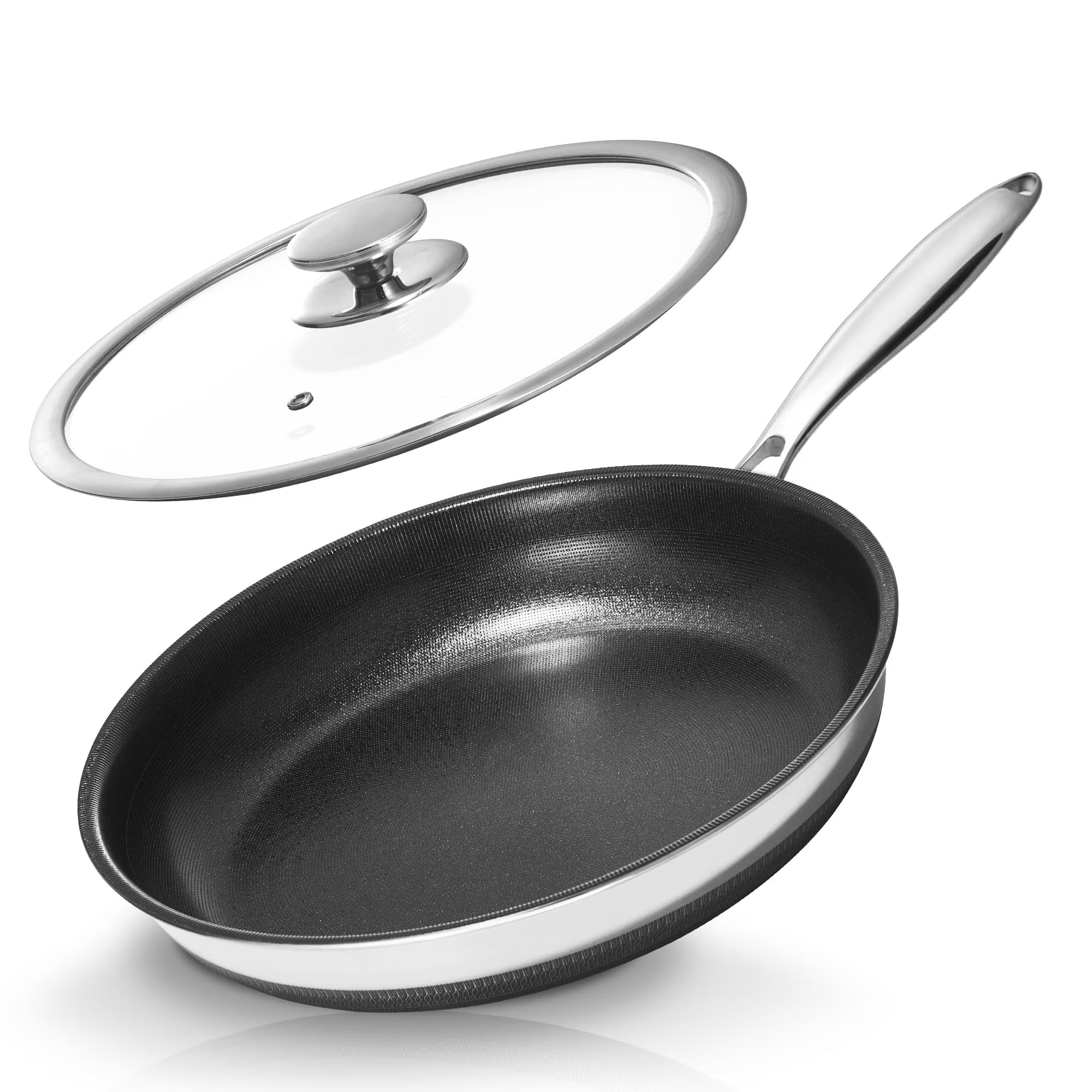 KITEXPERT Non Stick Frying Pans with Lid, 12" Titanium Ceramic Pan Nonstick Stainless Steel Skillet, Quick-Cool Handle, Dishwasher & Oven Safe, Compatible with All Cooktops