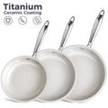 KITEXPERT Non Stick Frying Pans Set, Titanium Ceramic Pan Skillet Set Non Toxic, 8" 9.5" 11" Nonstick Frying Pan, Stainless Steel Handle, Dishwasher & Oven Safe, Cream