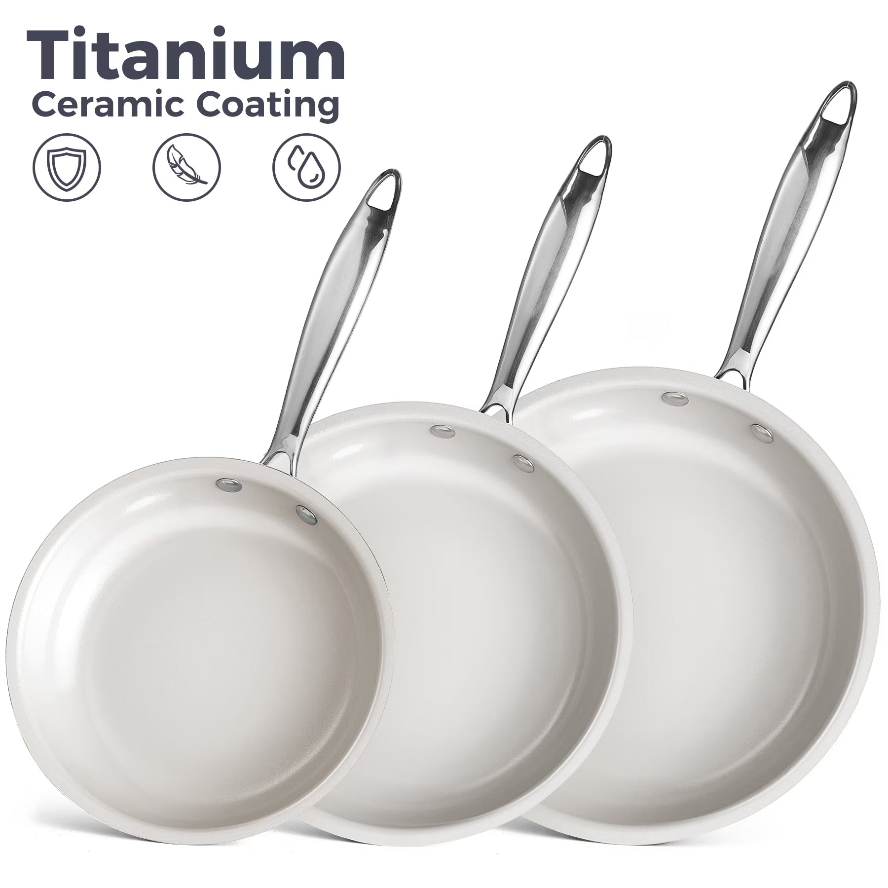 KITEXPERT Non Stick Frying Pans Set, Titanium Ceramic Pan Skillet Set Non Toxic, 8" 9.5" 11" Nonstick Frying Pan, Stainless Steel Handle, Dishwasher & Oven Safe, Cream