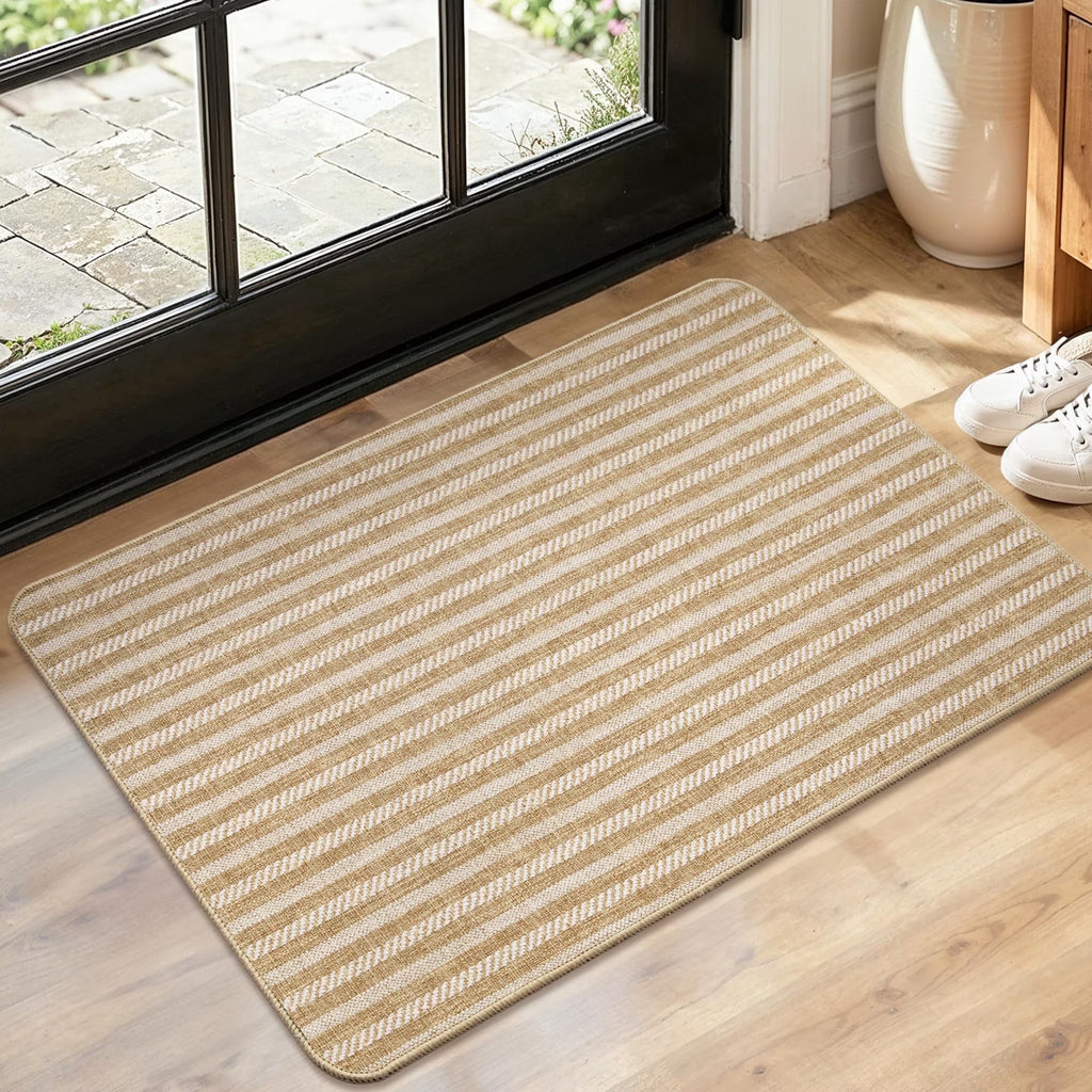 MatEssenz Washable Indoor Doormat 17"x29.5", Low Profile Entryway Rug with Non-Slip Rubber Backing, Striped Woven Faux Linen Front Door Mat, Pet Friendly Dirt Trapper, Khaki