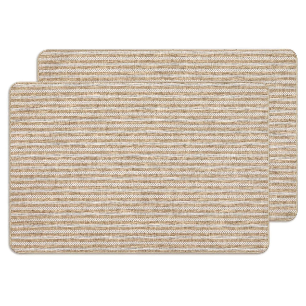 MatEssenz 2-Pack Washable Inside Door Mats 2x3 ft, Low Profile Entryway Rug Set, Scandinavian Striped Woven Faux Linen, Non-Slip Mudroom & Kitchen Mat, Apartment Essentials, Khaki