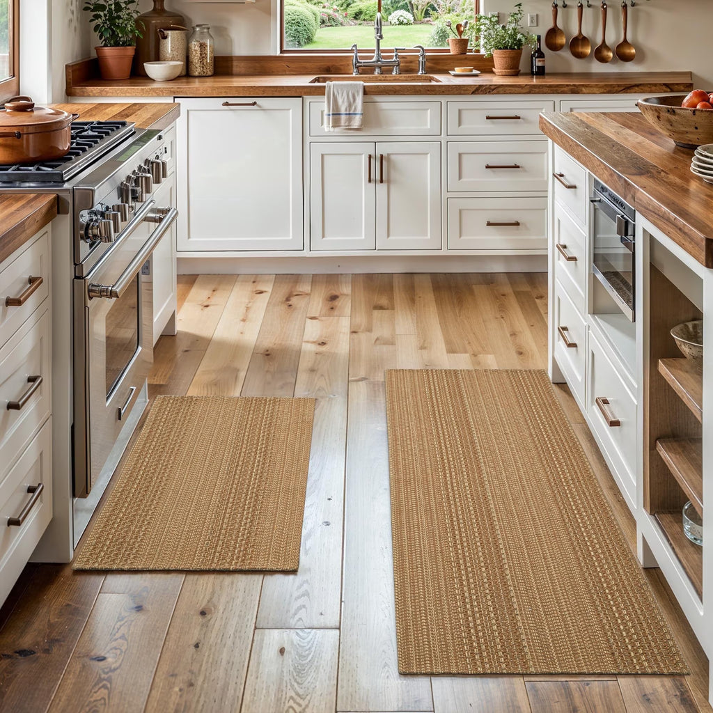 MatEssenz Kitchen Rug Set 2 Piece, Boho Washable Kitchen Mats for in Front of Sink, Non-Slip Woven Kitchen Runner Set 20x30 and 20x48, Vintage Geometric, Light Taupe Brown