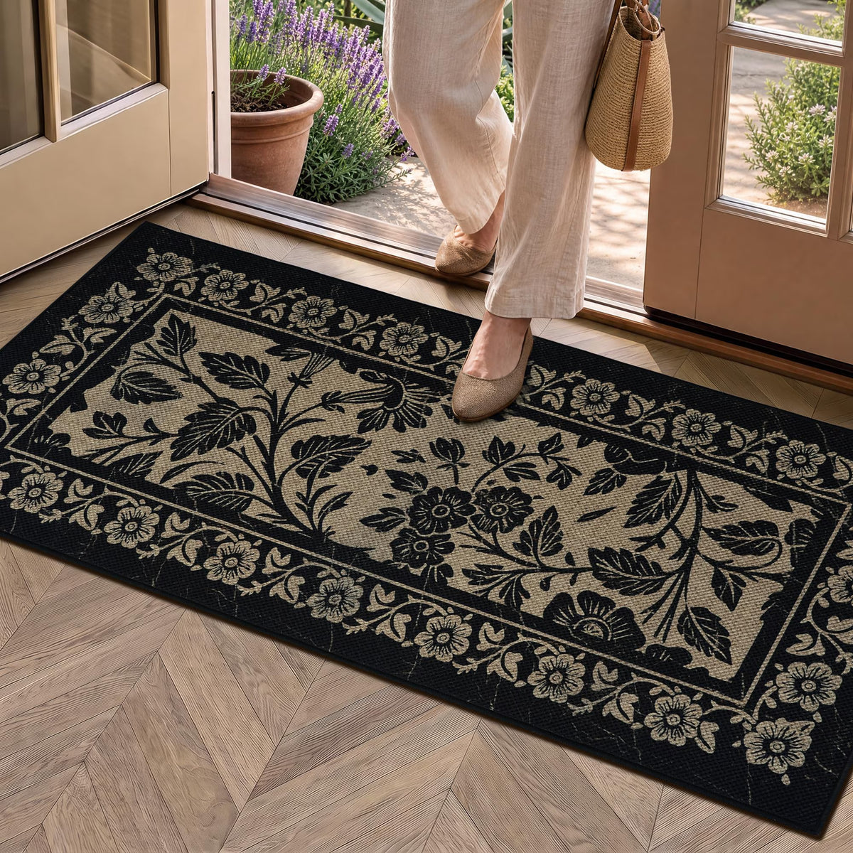 MatEssenz Washable Runner Rug 2'x4', Non-Slip Low-Pile Kitchen Entryway Rug, Absorbent Pet-Friendly Vintage Floral, Black/Tan