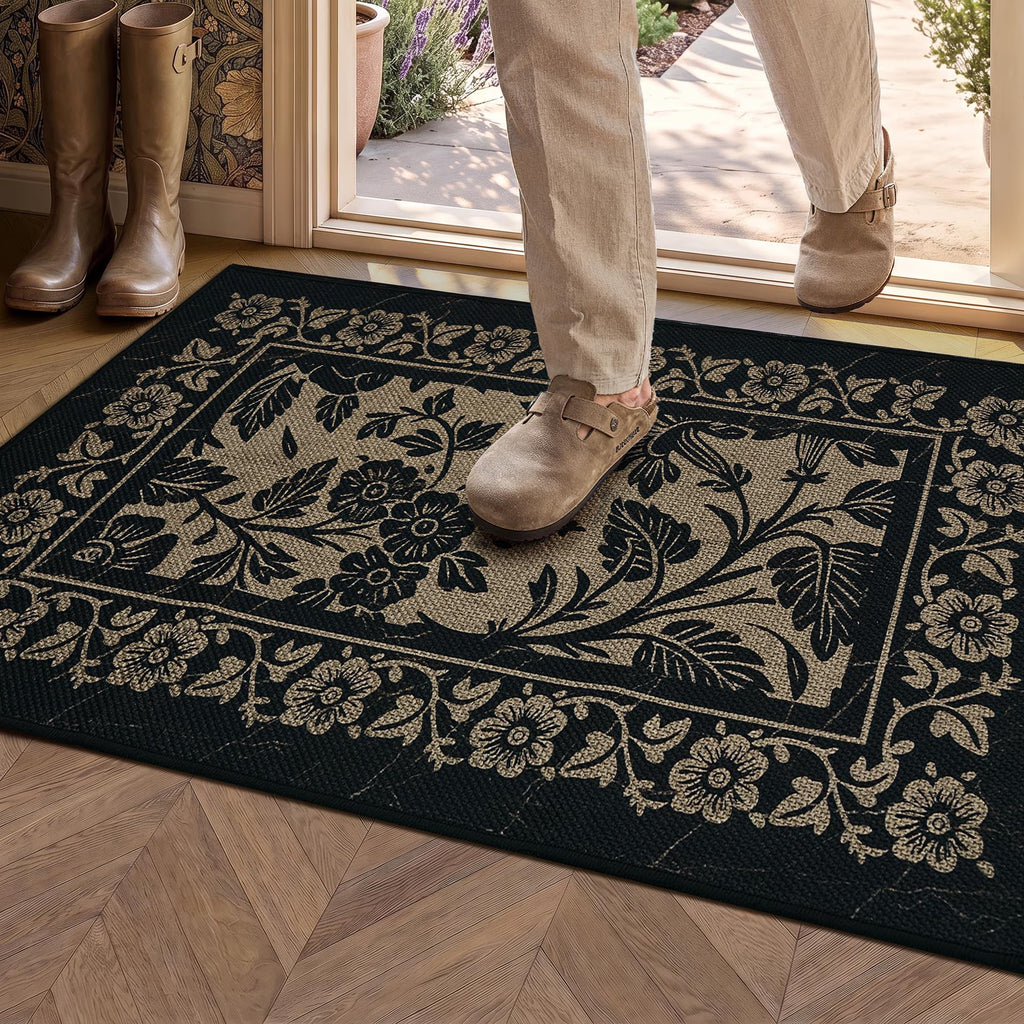 MatEssenz Washable Area Rug 2'x3', Non-Slip Low-Pile Entryway Kitchen Rug, Absorbent Pet-Friendly Vintage Floral, Black/Tan
