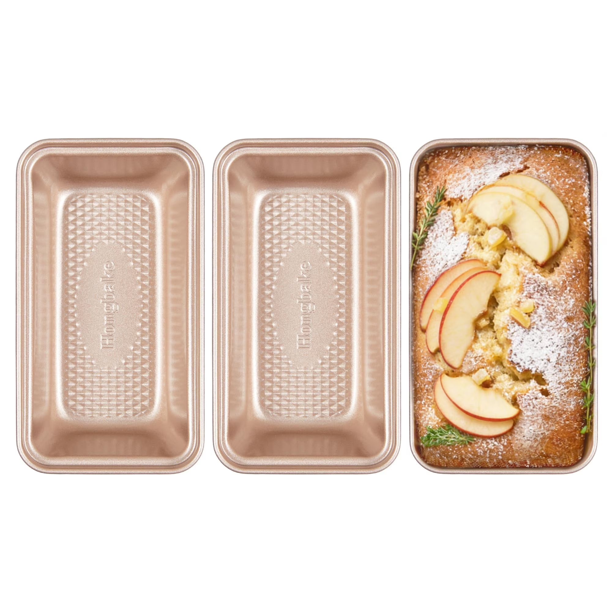 HONGBAKE 3 Pack Nonstick Mini Loaf Pans, 6 x 3.3 x 2 Inch Small Bread Pans for Homemade Bread, Banana Small Baking Pans with Diamond Texture, Non-toxic Mini Meatloaf Pans Set, Champagne Gold