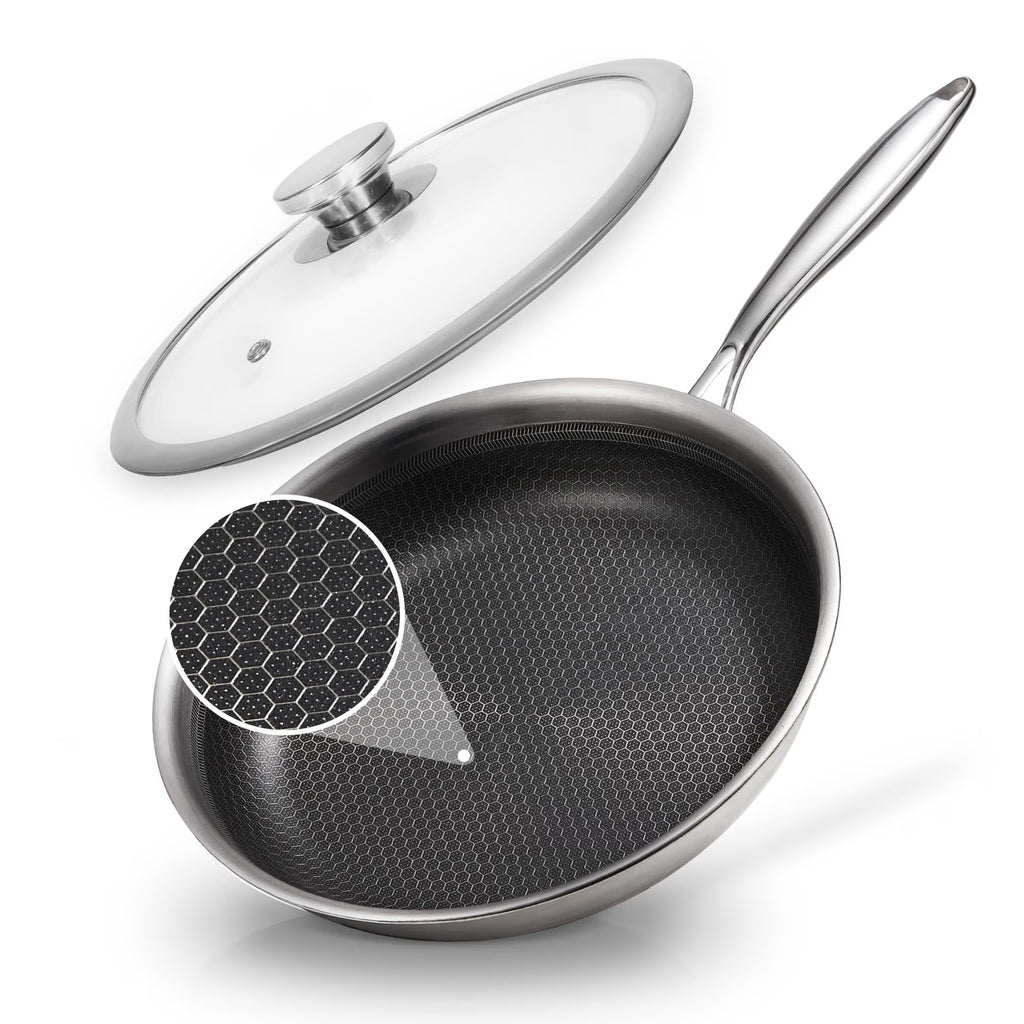 KITESSENSU Stainless Steel Frying Pan with Lid, 11" Nonstick Honeycomb Skillet, Non Toxic Cookware Pan for Induction, Electric and Gas Hob, Dishwasher/Oven Safe