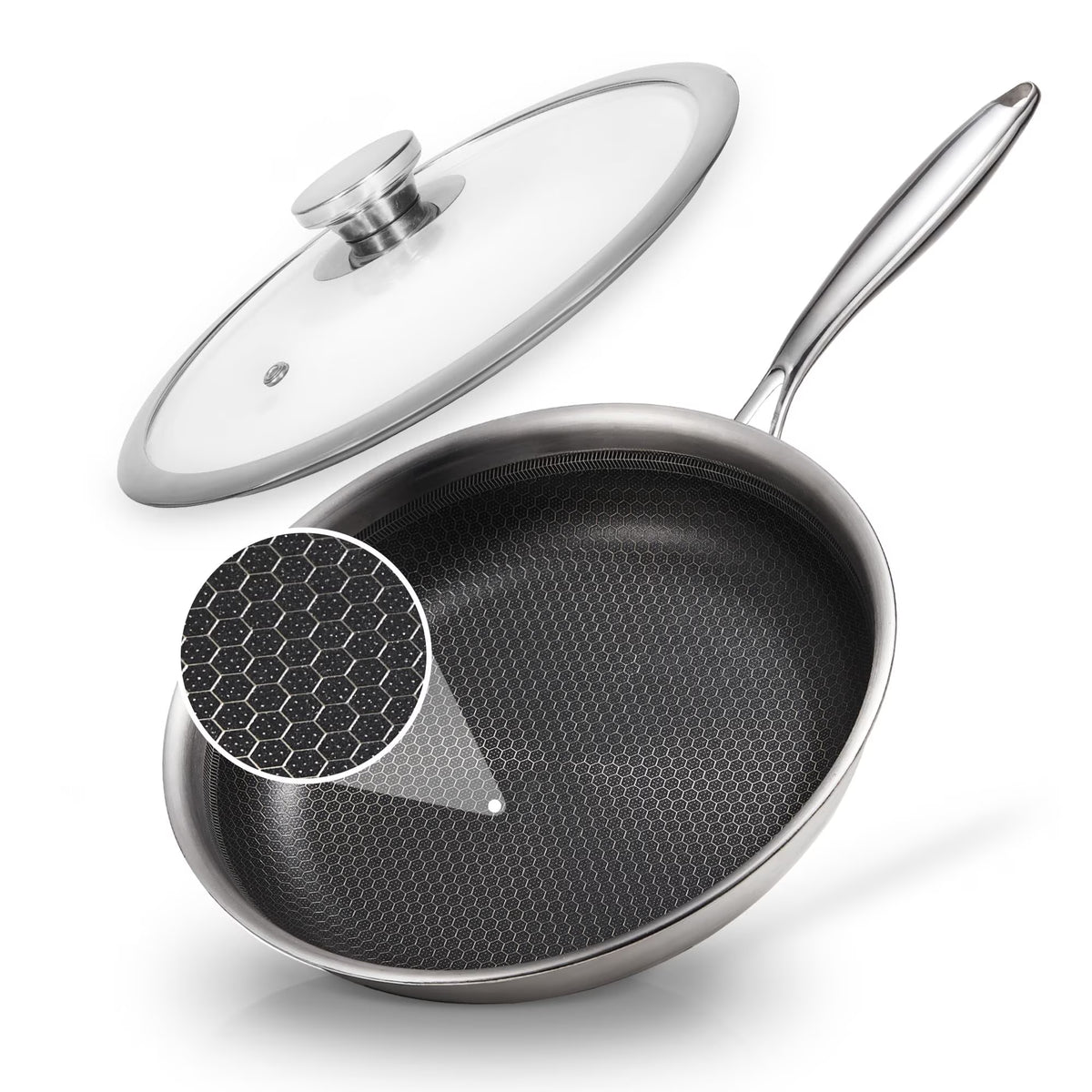 KITESSENSU Stainless Steel Frying Pan with Lid, 11" Nonstick Honeycomb Skillet, Non Toxic Cookware Pan for Induction, Electric and Gas Hob, Dishwasher/Oven Safe