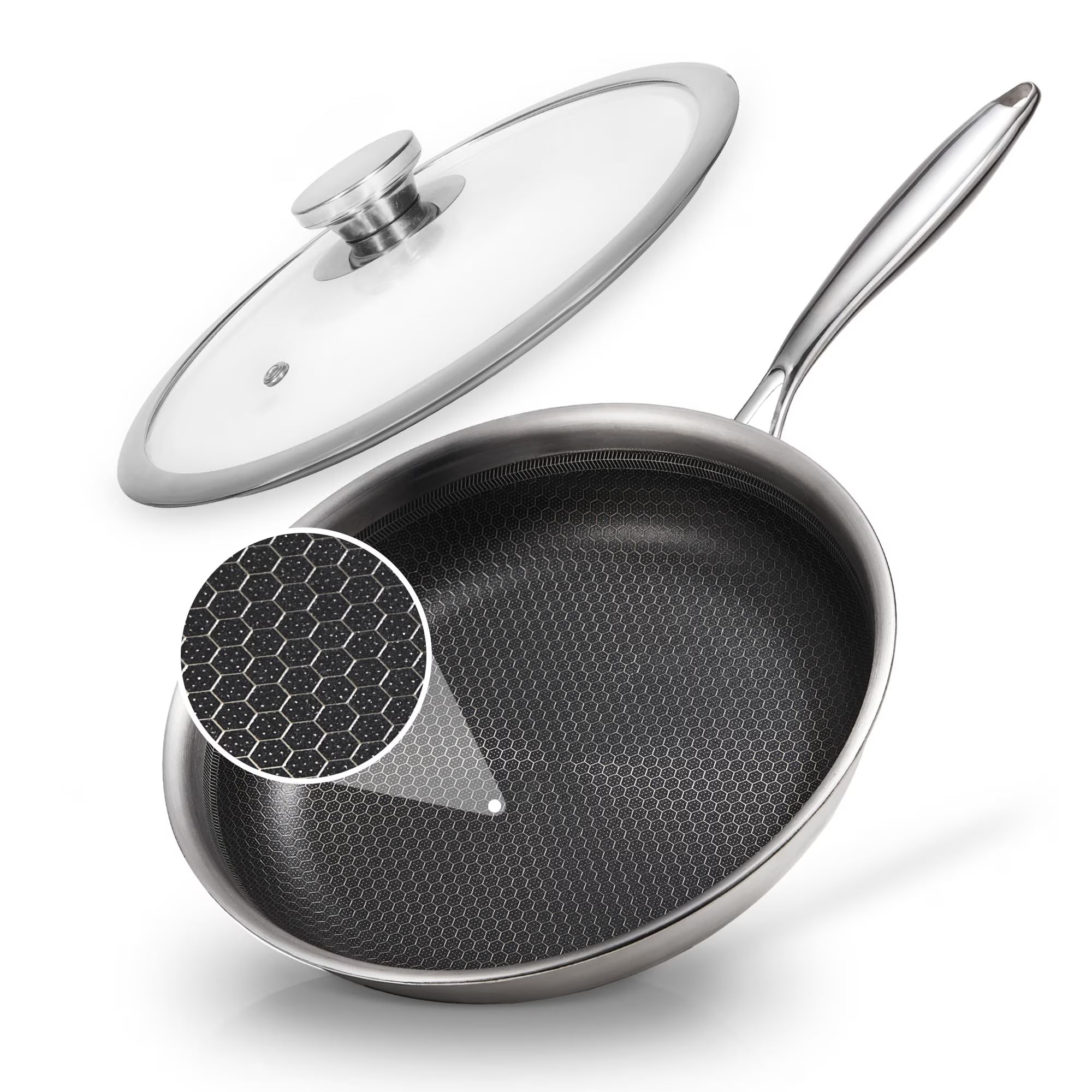 KITESSENSU Stainless Steel Frying Pan with Lid, 11" Nonstick Honeycomb Skillet, Non Toxic Cookware Pan for Induction, Electric and Gas Hob, Dishwasher/Oven Safe