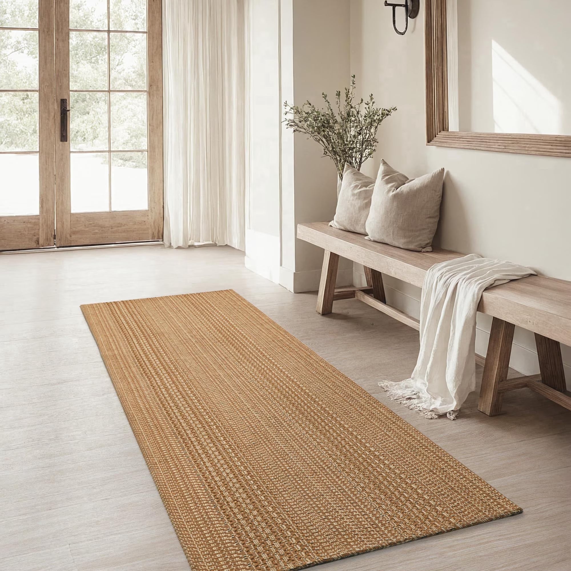 MatEssenz Runner Rug 2x6, Boho Long Hallway Runner for Kitchen Entryway, Machine Washable Non-Slip Woven Rug, Vintage Geometric Indoor Runner, Light Taupe Brown