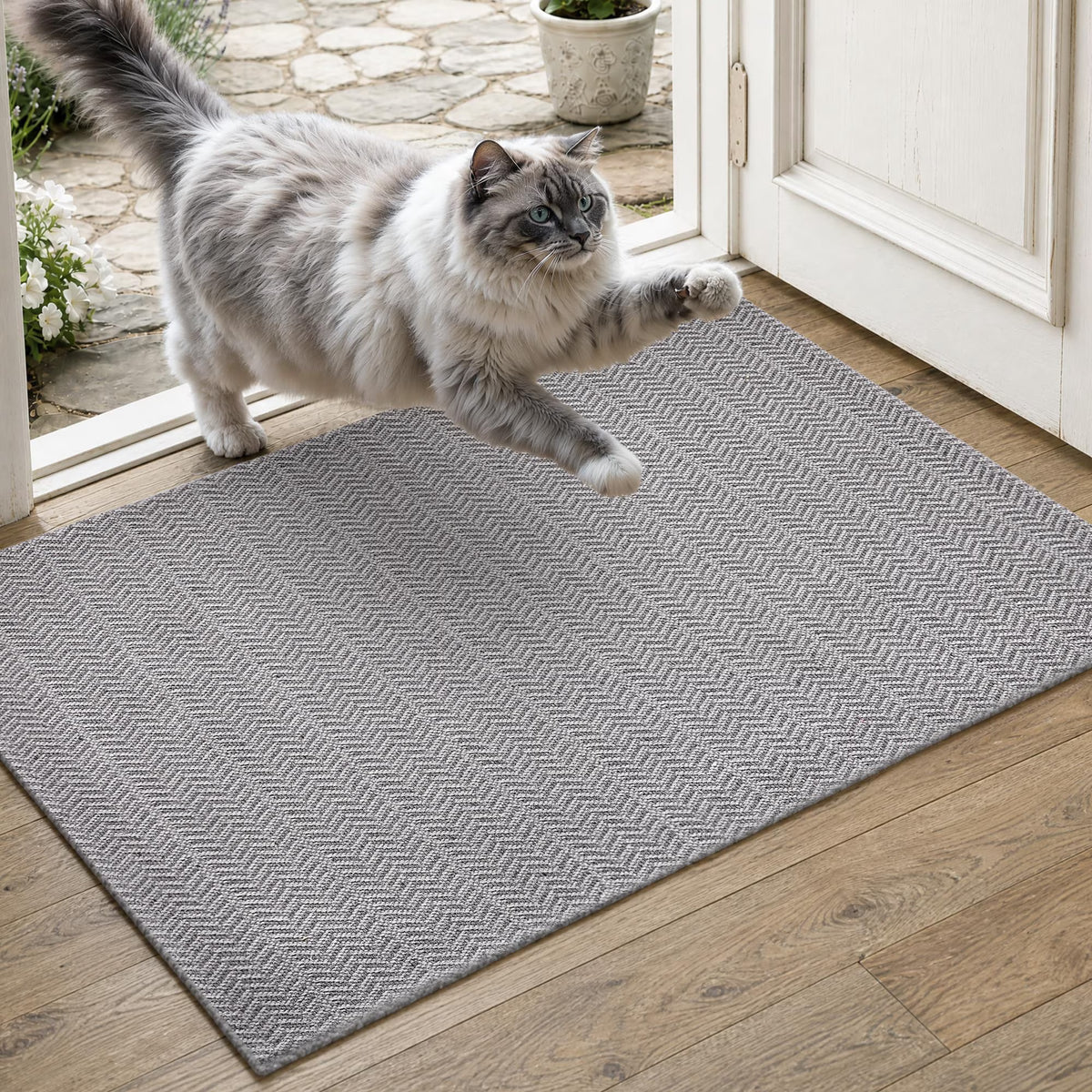 MatEssenz Entryway Rug 2' x 3', Washable Indoor Door Mat, Non Slip Low Profile Area Rug, Durable Herringbone Woven Farmhouse Rug for Front Door, Mudroom, Laundry Room, Grey