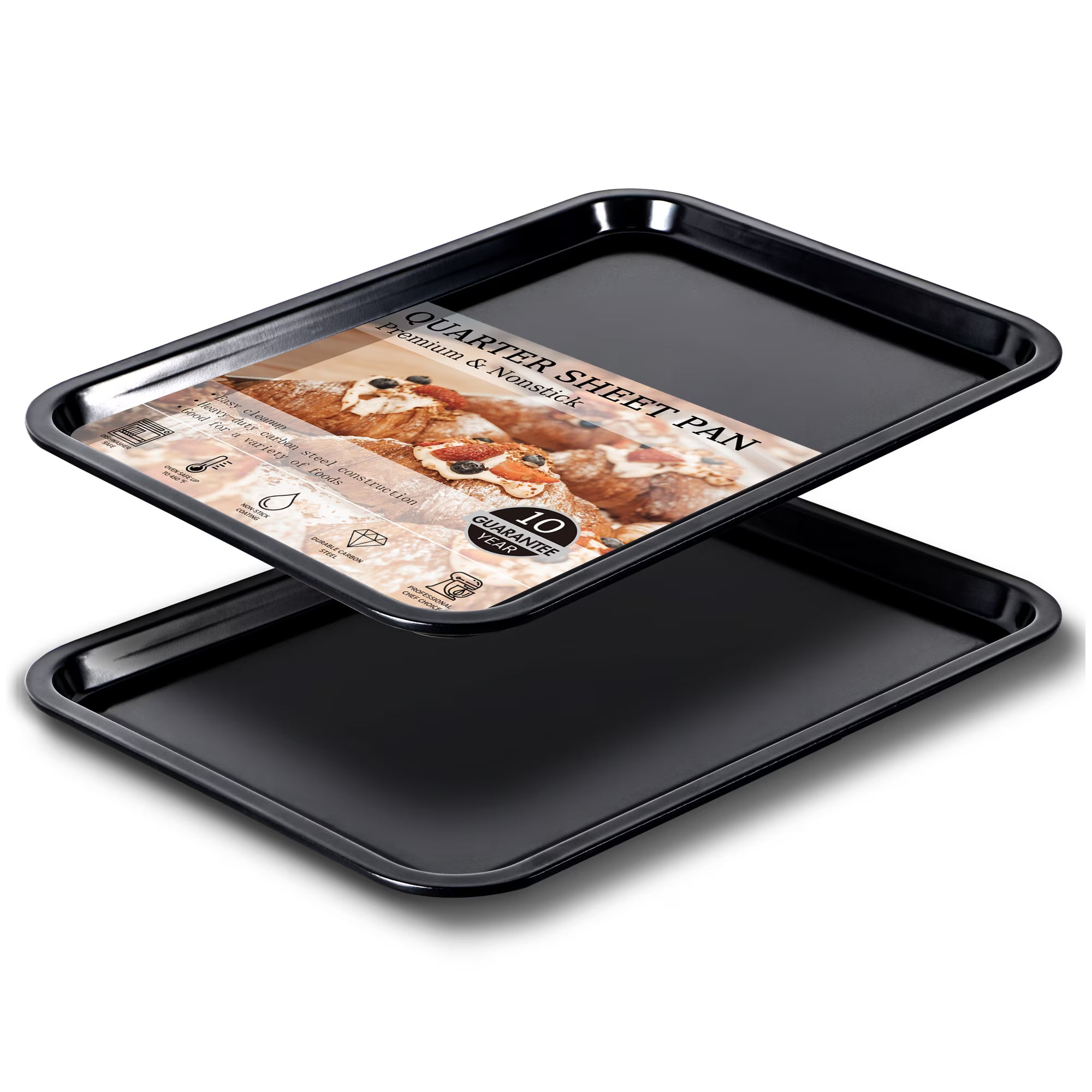 HONGBAKE 2 Pack 13.8" x 9.8" Quarter Sheet Pan for Baking - Nonstick Small Cookie Sheet with Wider Grips, 27% Thicker Carbon Steel Commercial Oven Tray - Black
