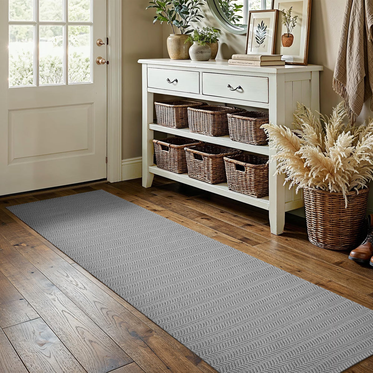 MatEssenz 2'x6' Faux Linen Runner Rug, Washable Woven Textured Long Hallway Carpet, Slip Resistant Gel Backing Indoor Floor Runner for Kitchen Entryway Laundry Room, Grey