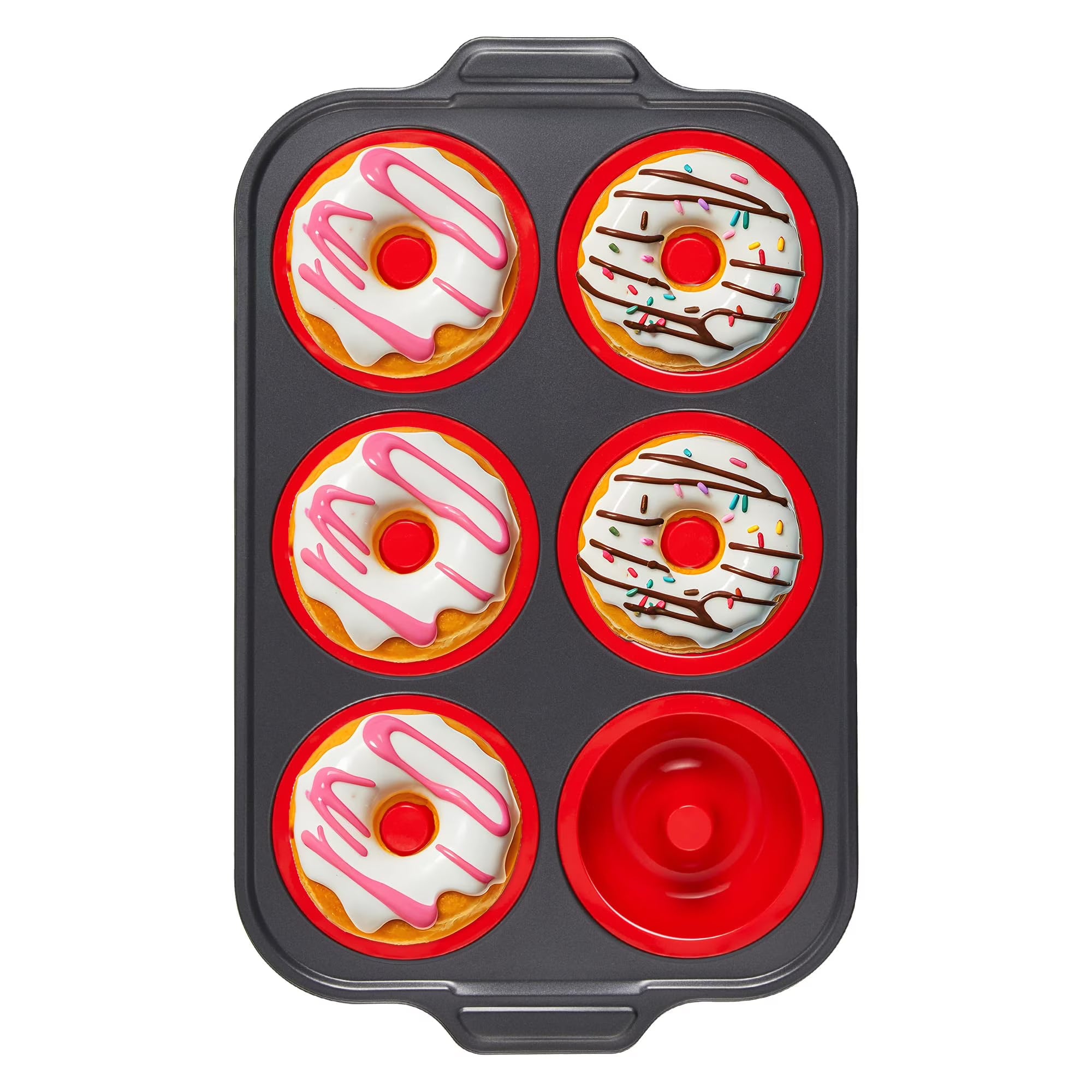 HONGBAKE Silicone Donut Pan for Baking with Metal Frame, 3.35 Inch Large doughnut pan,donut molds for baking Nonstick Non Toxic Bakeware for Oven, Red