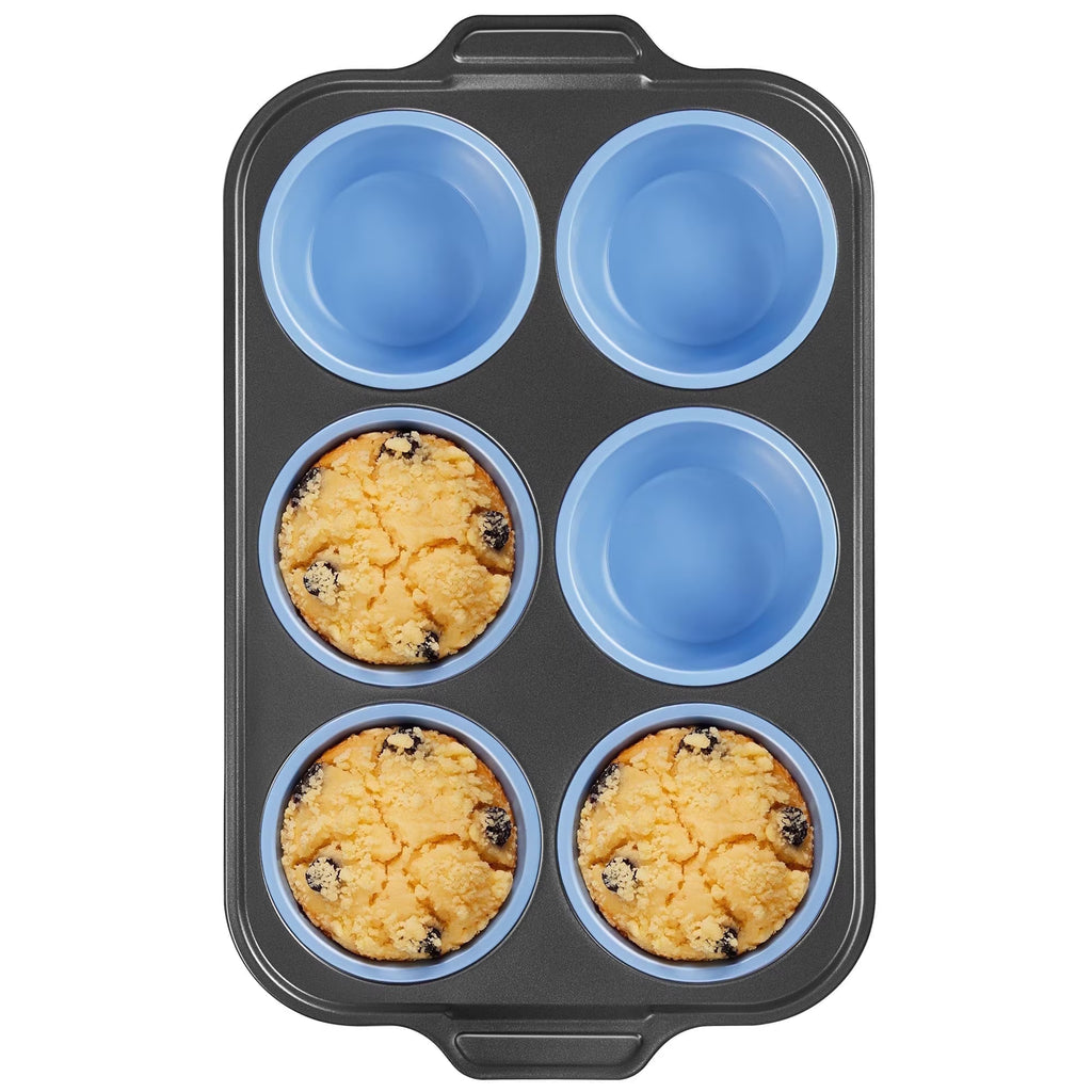 HONGBAKE Silicone Muffin Pan with Metal Frame, Jumbo 3.5 Inch Muffin Tin for Cupcakes, Egg Bites & Muffins, Nonstick, Blue