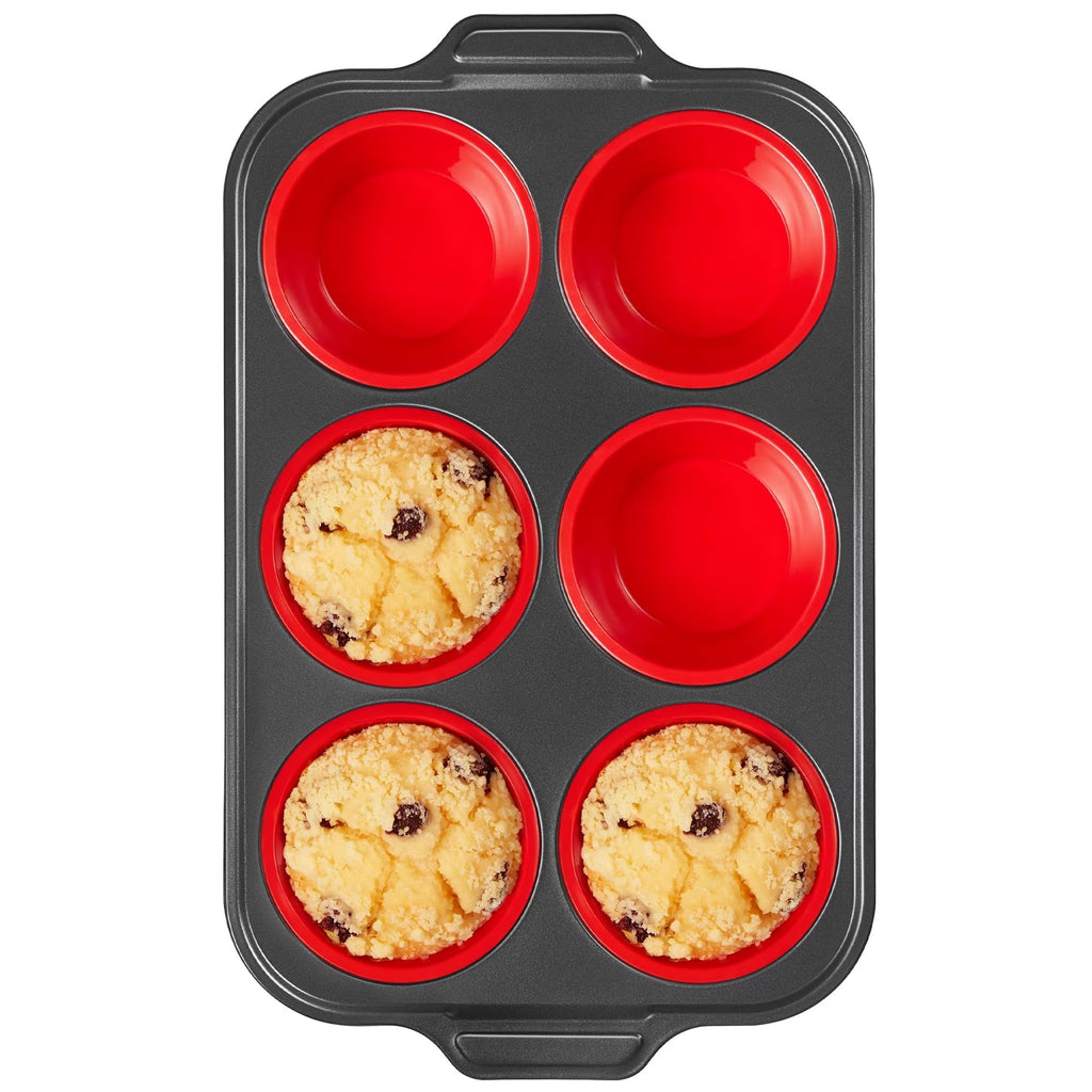 HONGBAKE Jumbo Silicone Muffin Pan with Metal Frame, 3.5" Large Muffin Tins, Non-Toxic Food Grade Silicone, Non-Stick for Egg Bites & Big Cupcakes, Oven Safe, Red