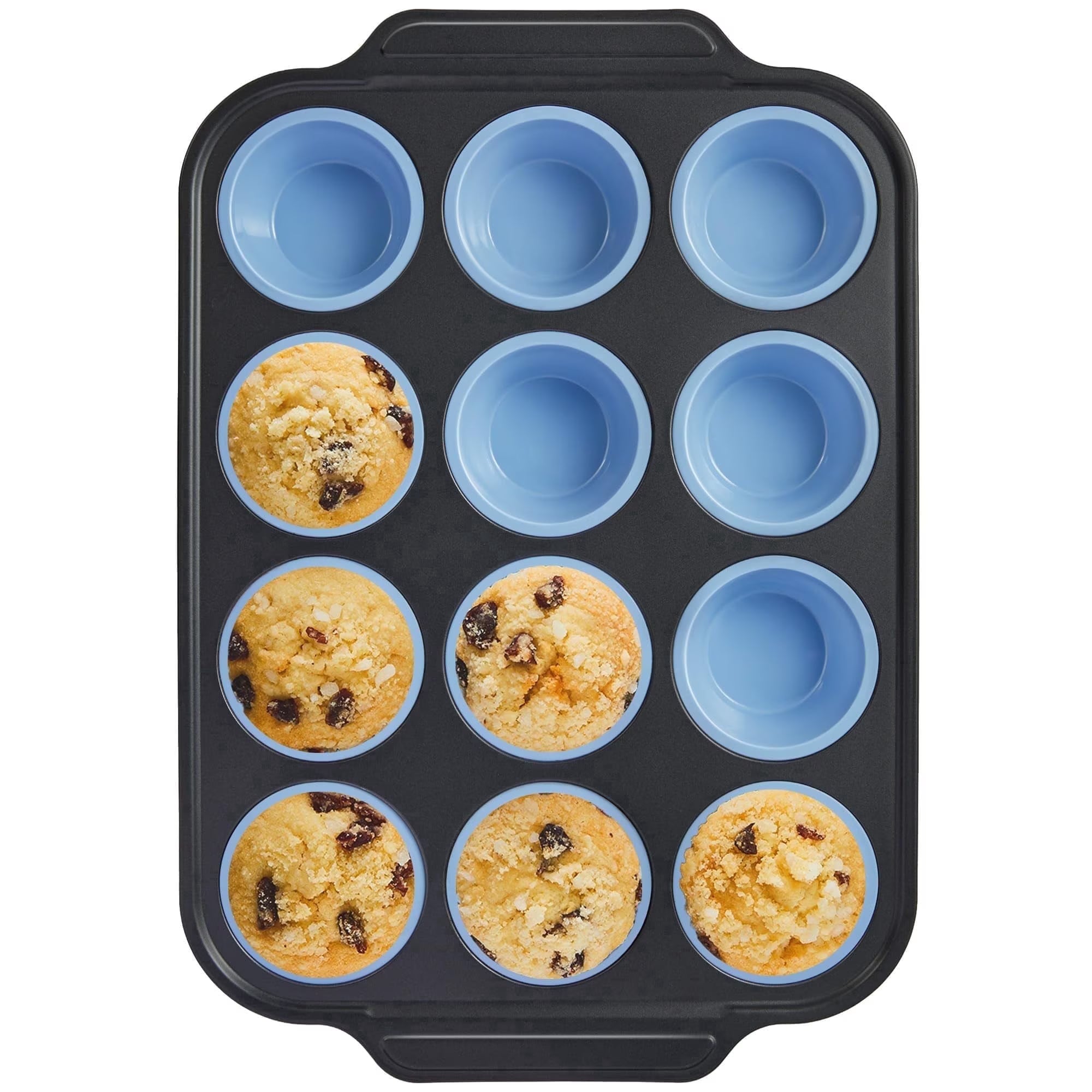 HONGBAKE Silicone Muffin Pan with Metal Frame, 12 Cup Muffin Tin for Cupcakes & Egg Bites, Nonstick Non-Toxic Bakeware, Blue