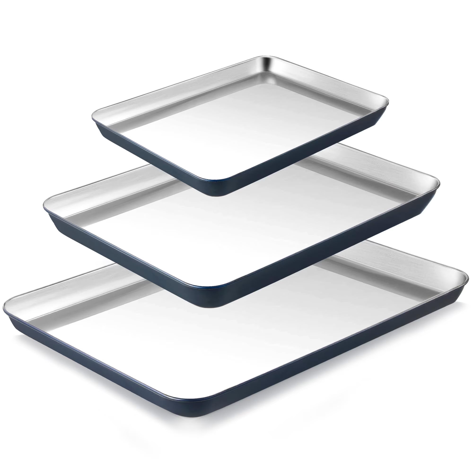 HONGBAKE Stainless Steel Baking Sheet Set of 3, Non Toxic Uncoated Cookie Sheets for Baking, Heavy Duty Baking Sheet Pans for Oven & Toaster, 9/12/16 Inch, Blue